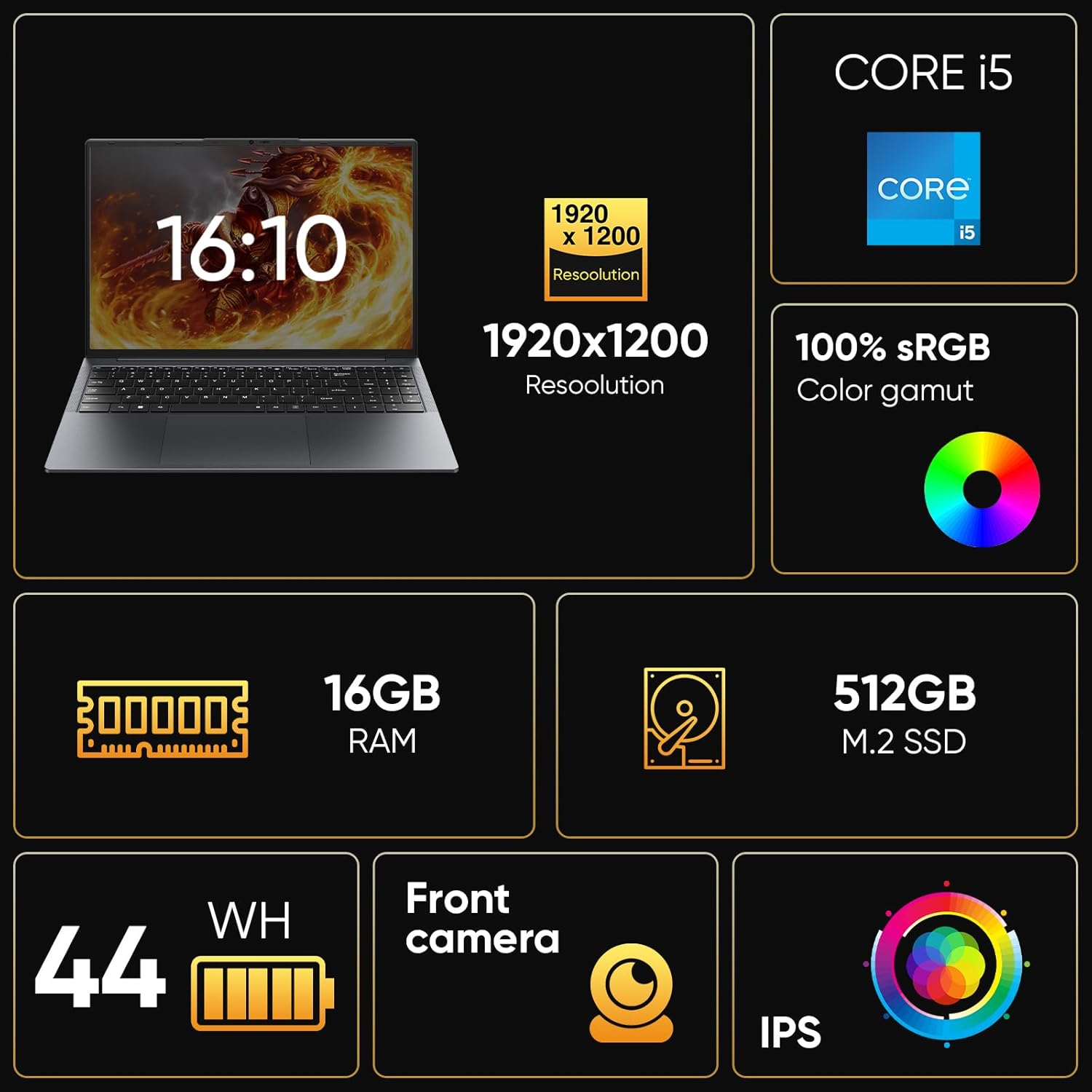 16' Laptop Computer Intel Core i5 Processor, Win 11 Pro Laptop 16GB RAM 512GB SSD, 1920 x 1200 FHD 16:10 Display, Office Suite Notebook with Backlit Keyboard, Student Business Work Laptops, Stander
