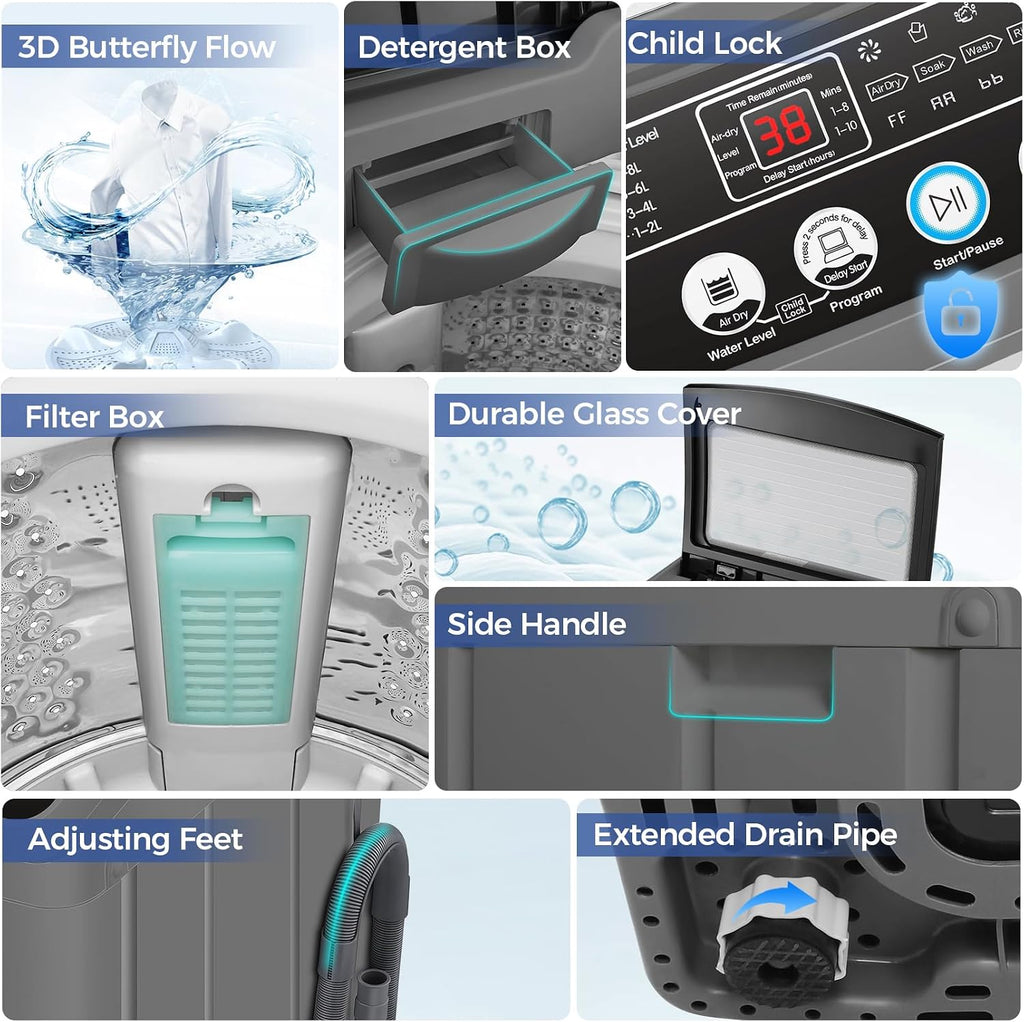Nictemaw Portable Washing Machine, 20Lbs Capacity Portable Washer Machine, 2.8Cu.ft Washer and Dryer Combo with 10 Programs 8 Water Levels Compact Laundry Machine for Apartments-Slow-Close Glass Cover