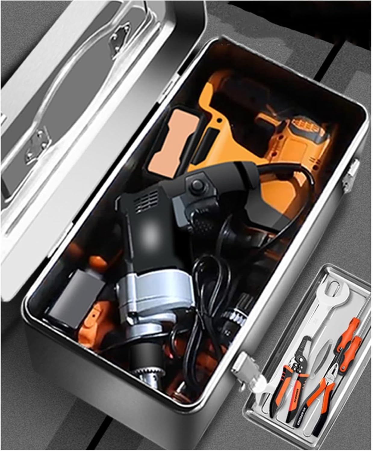 Multifunctional Portable Stainless Steel Tool Box with Metal Latch Silver Hand Carry Tool Cases for Tools Storage Multi-Function Storage Box for Garage(Large)