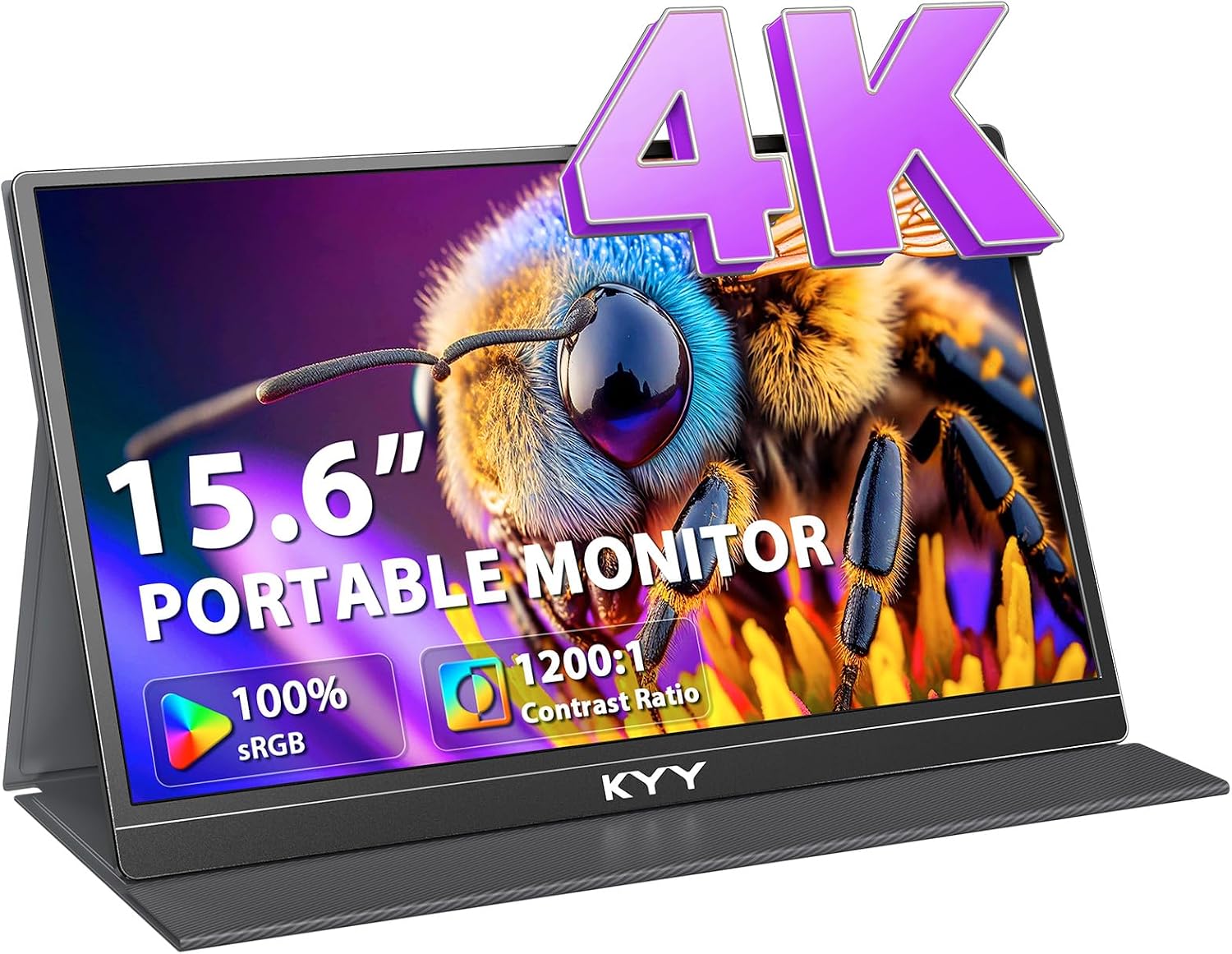 KYY 4K Portable Monitor for Laptop, 15.6'' Computer Screen Extender UHD 3840x2160,100% sRGB, 400 Nits, IPS Travel Monitor w/Speakers & Smart Cover for Laptop Xbox PS5 Switch PC Phone, VESA Compatible