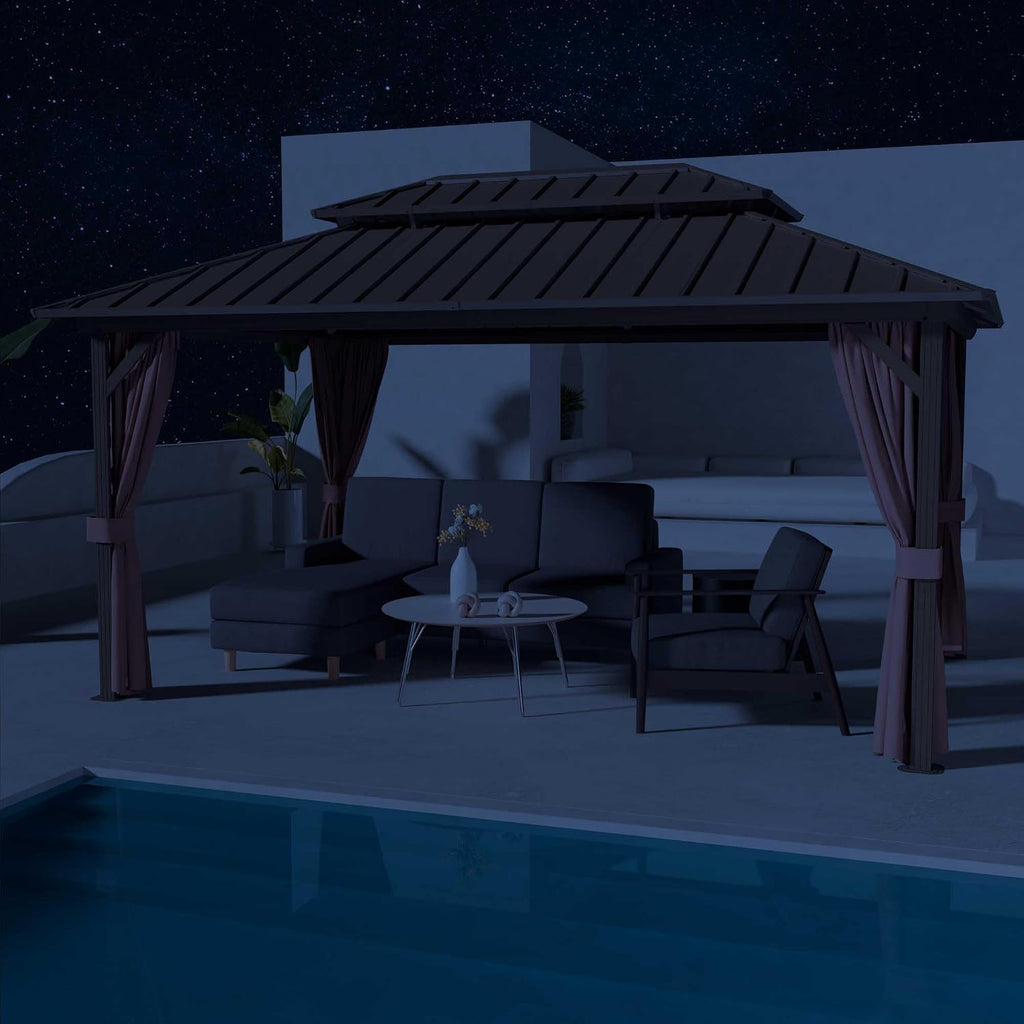 12'x16' Hardtop Gazebo, Outdoor Aluminum Frame Galvanized Steel Double Roof Pavilion with Netting and Shaded Curtains, Permanent Metal Pergolas for Patio, Backyard, Deck and Lawns.
