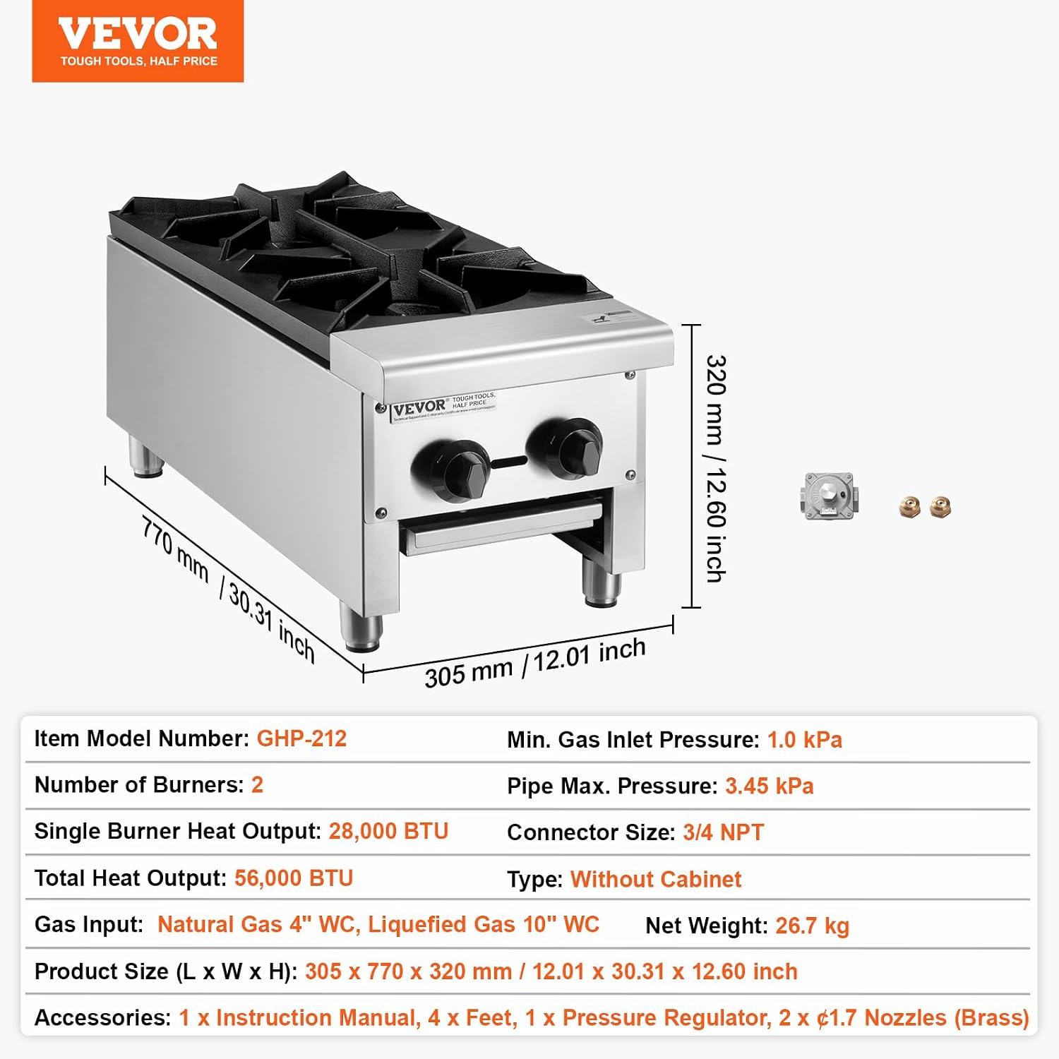 VEVOR Commercial Gas Stove with 2 Burners, Propane and Natural Gas Countertop Cooking Stove Range, Stainless Steel Gas Hot Plate, Commercial Cooking Equipment for Restaurant, 56,000 BTU