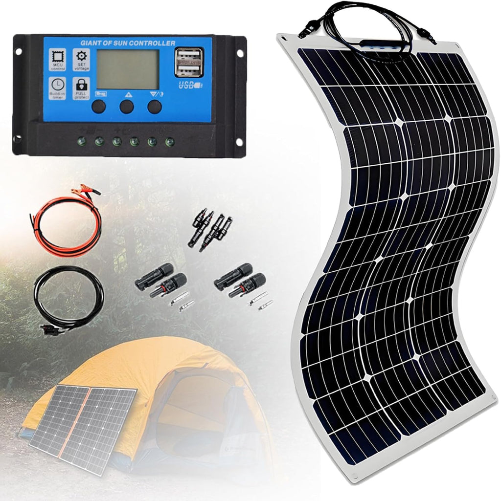 300W 12V Monocrystalline Solar Panel Kit High Efficiency Monocrystalline PV Modules Semi-Flexible Solar Panels with 40A Charger Controller for RV Camper Boat Off-Grid System 1 * 300W