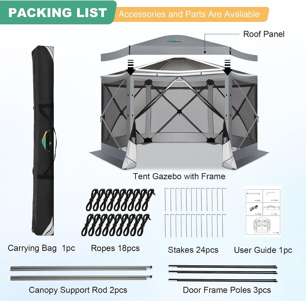 COBIZI 12x12 FT Pop Up Canopy Extendable Tent, Gazebos On Clearance With Removable Roof, Screened In Gazebo,Screen Tents Portable carpas para patio for Outdoor Camping,Backyard, Garden, Grey(Upgraded)