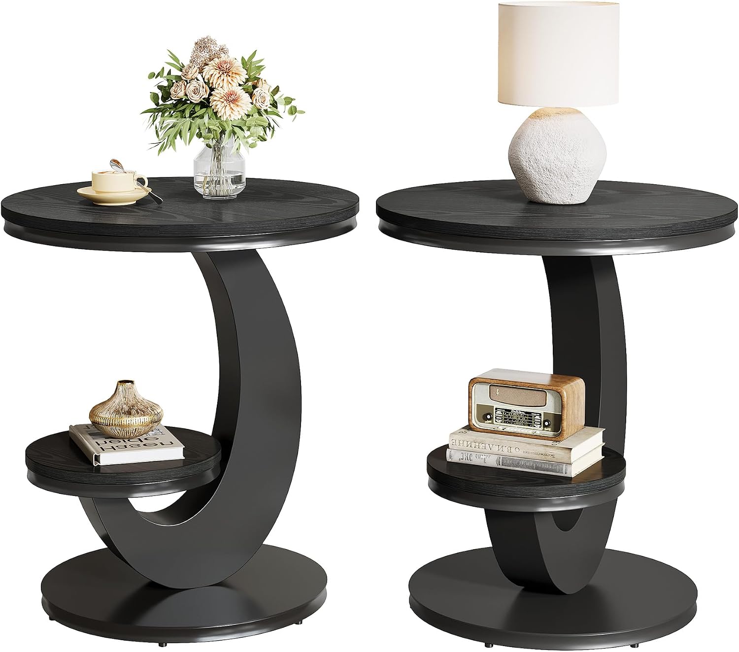 Tribesigns Round End Table Set of 2, 2 Tiers Side Table with Storage Shelf, Sofa Side Bedside Nightstand with Metal Arc-Shaped Frame for Small Spaces, Living Room, Bedroom, Black (2PCS)