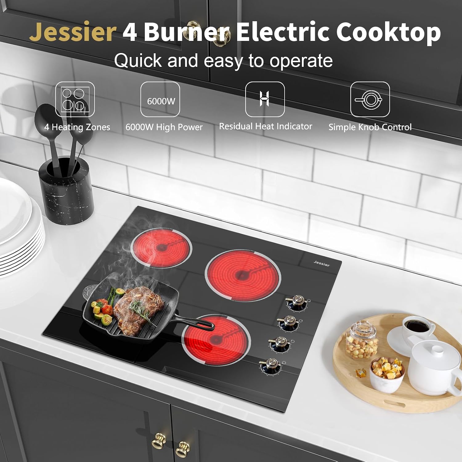 Electric Cooktop 24 Inch - 4 Burner Drop-in(22.05'x19.3') Radiant Electric Cooktop 6000W Knob Control, 220V Electrical Ceramic Stove Top, 9 Heating Levels, Residual Heat Indication (No Plug)