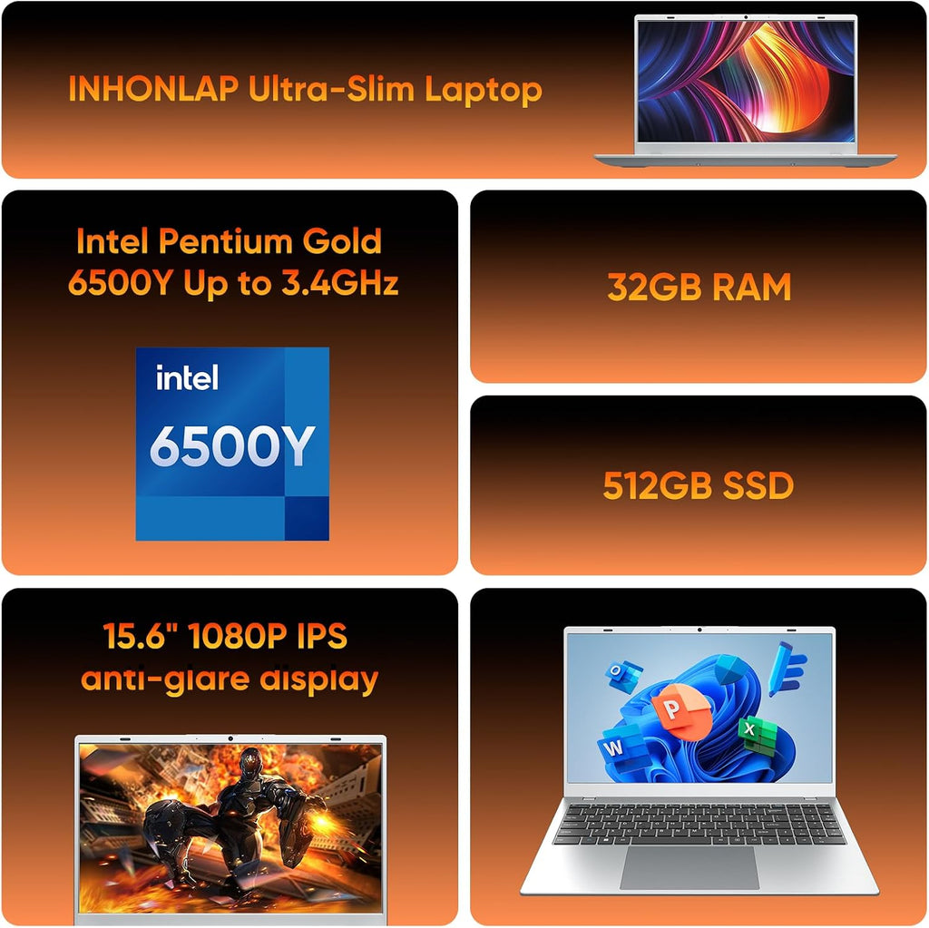 15.6' Laptop 32GB RAM 512GB SSD Laptops with Pentium 6500Y Processor up to 3.4GHz, 1080P IPS Display, WiFi 5, 5-Hour Battery Win11 Laptop Computer for School, Home and Business
