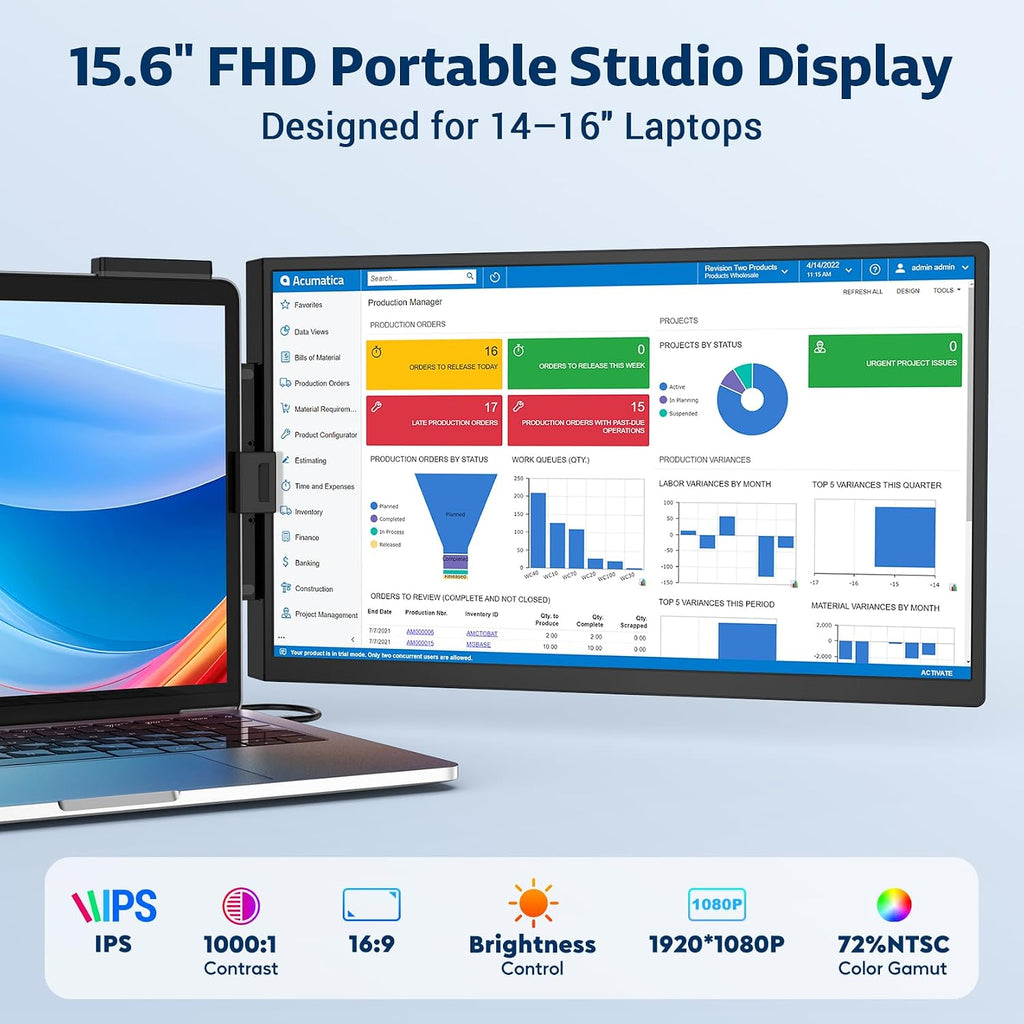 HONGO Portable Studio Display 15.6' FHD IPS 1080P Monitor — Laptop Screen Extender & Phone/Pad Mount for 14–16' Laptops, Turn Phone into Webcam + Keyboard Control (Third‑Party App Required)