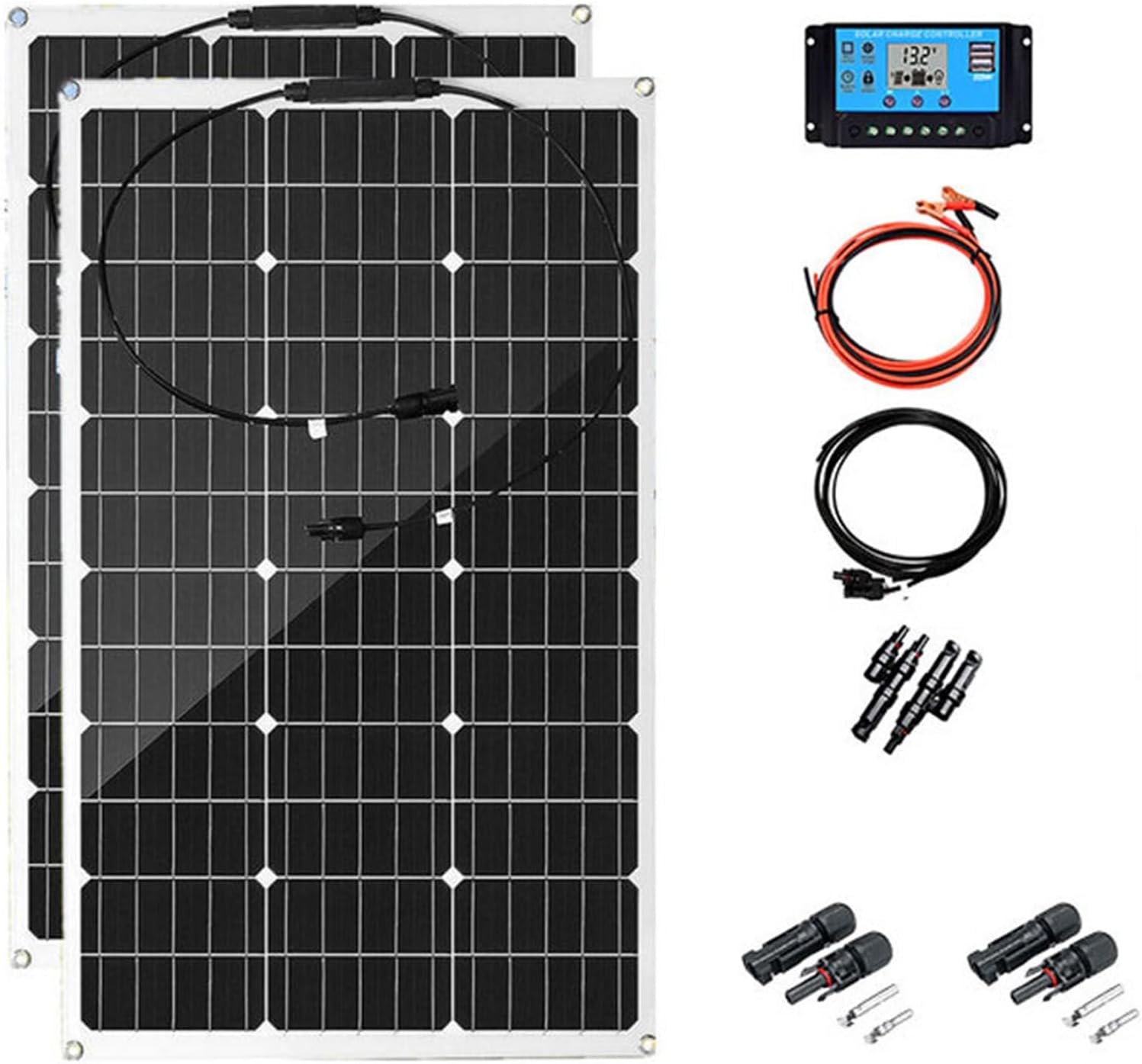 300 Watt 12 Volt Flexible Monocrystalline Solar Panel High Efficiency PV Module with 40A Charge Controller Extension Cable for RV Trailer Marine Rooftop Home Farm Off-Grid System 2 * 300W