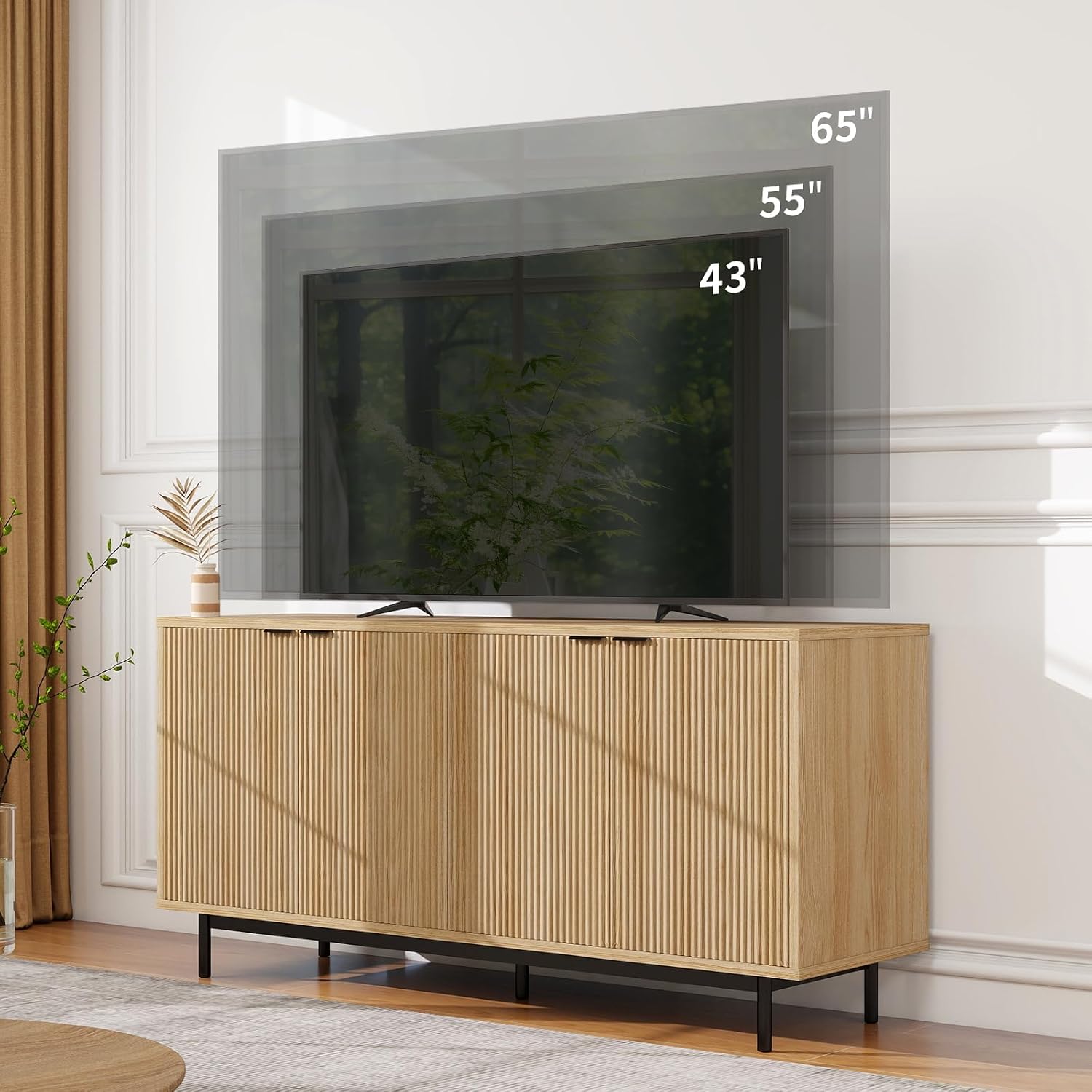 Vipbear Modern TV Stand for 65 Inch TV,Entertainment Center with Storage Cabinets and Adjustable Shelves, Media Console Table, Wood Television Furniture for Living Room, Bedroom, Natural Wood