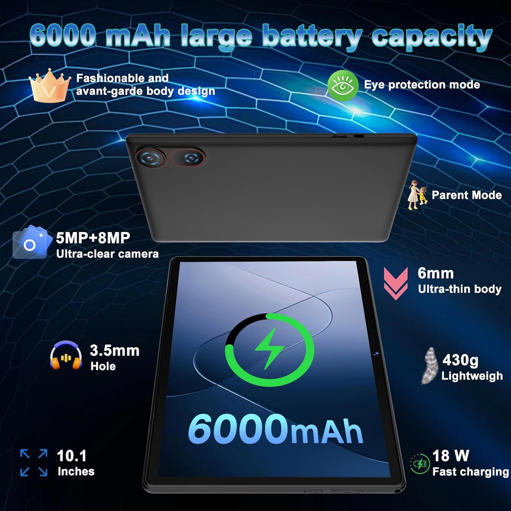 DMOAO Tablet, 2026 Android 15 Tablet with Gemini AI, 10.1 Inch FHD Display, 30GB RAM 64GB ROM /1TB TF, 6000mAh Battery, Octa-Core 2.0GHz, Widevine L1, 2 in 1 Tablets with Keyboard Mouse(Blue)