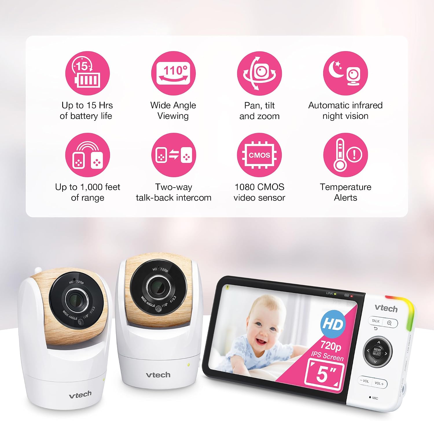 VTech VM928-2HD 5' 720p HD Display 2 Cameras Baby Monitor,110 Wide Angle View,Remote Pan-Tilt-Zoom,Night Vision,Up to 1000ft Range,Temperature Sensor,9 Soothing Sounds & Lullabies,2-Way Talk,No WiFi