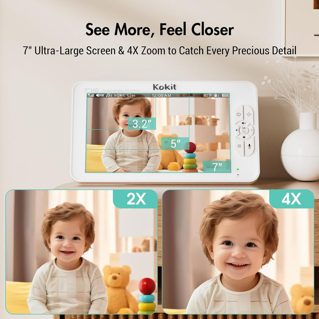 7' 1080P Full HD Dual Camera Baby Monitor 100-Hour Battery Pan-Tilt 355°/120° & 4X Zoom Night Vision & VOX 2-Way Talk & Lullabies Data Protection 2.4GHz Wi-Fi Only