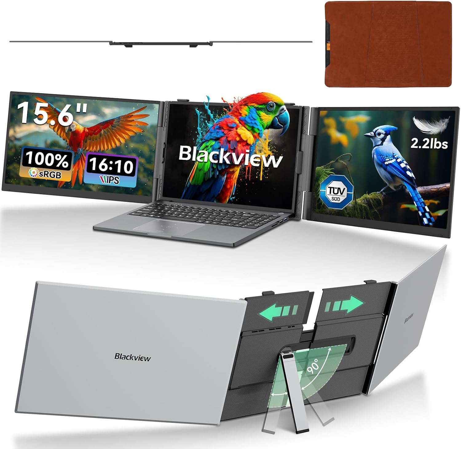 Blackview DCM8 Triple Laptop Screen Extender,15.6' 1080P FHD IPS Portable External Screen,Two Cable USB C Travel for 14-17'' Laptop,Plug & Play Compatible with Windows/Mac/Chrome OS/Mobile Devices