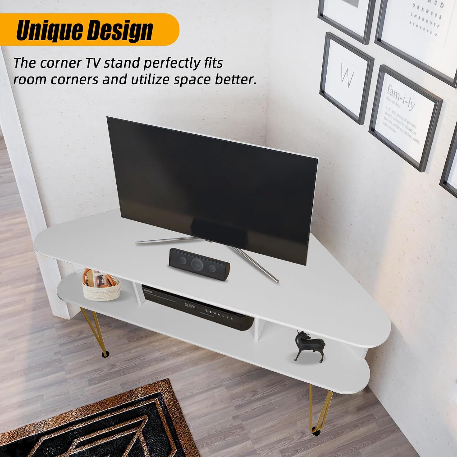 Corner TV Stand for 50 Inch TV, Entertainment Center with Storage Cabinet, Industrial Media Console Table with High Metal Feet and Anti-Slip Pads, TV Stand for Living Room, 50' TV Console, White
