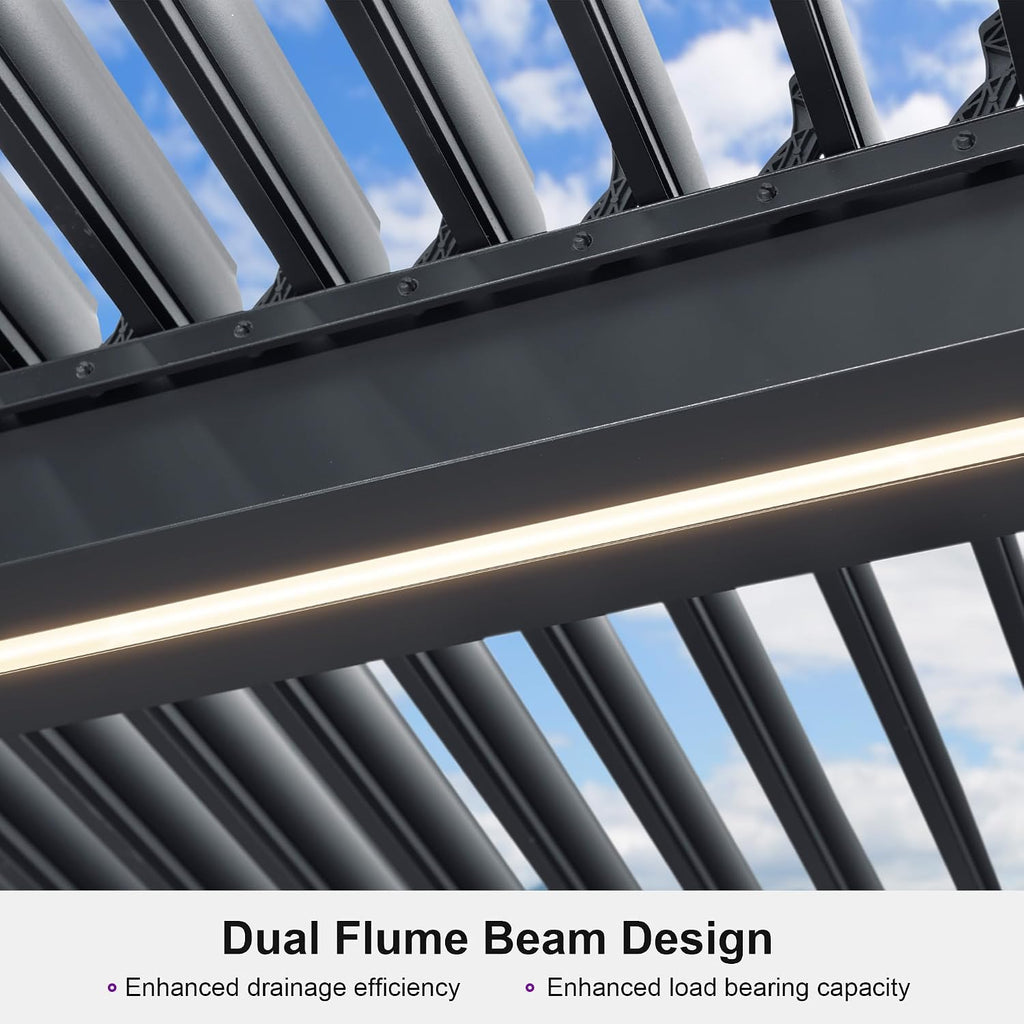PURPLE LEAF LED Louvered Pergola 94AS 11'x 14' Full Aluminum Frame and Adjustable Roof Integrated Strip Lights for Outdoor Deck Garden Patio Gray Hardtop Gazebo Pergola