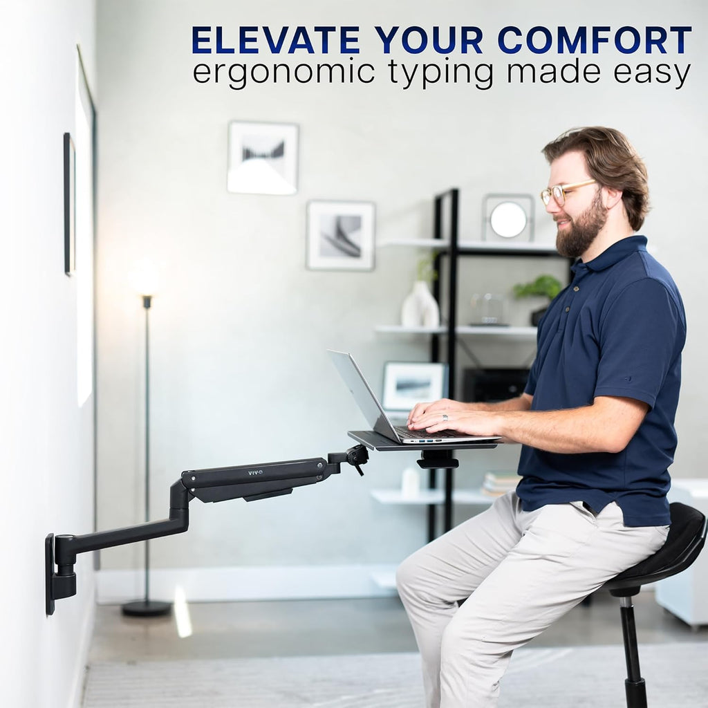 VIVO Sit-Stand 14 Inch Pneumatic Laptop Tray Wall Mount, Articulating Height Adjustable Typing Platform, Floating Workstation, Ergonomic Tilt, Black, MOUNT-KB35L