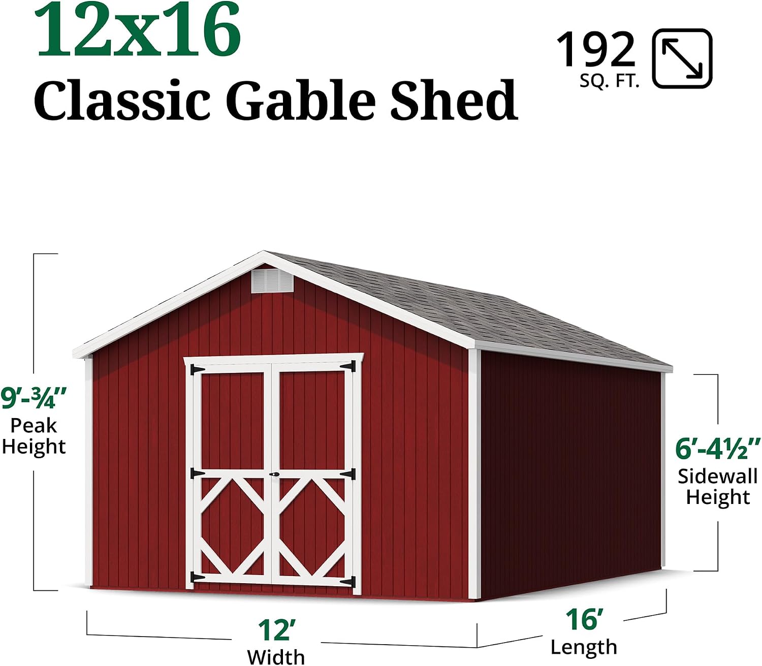Little Cottage Co. 12x16 Classic Gable Shed, Outdoor Wood Storage Do-It-Yourself Precut Kit
