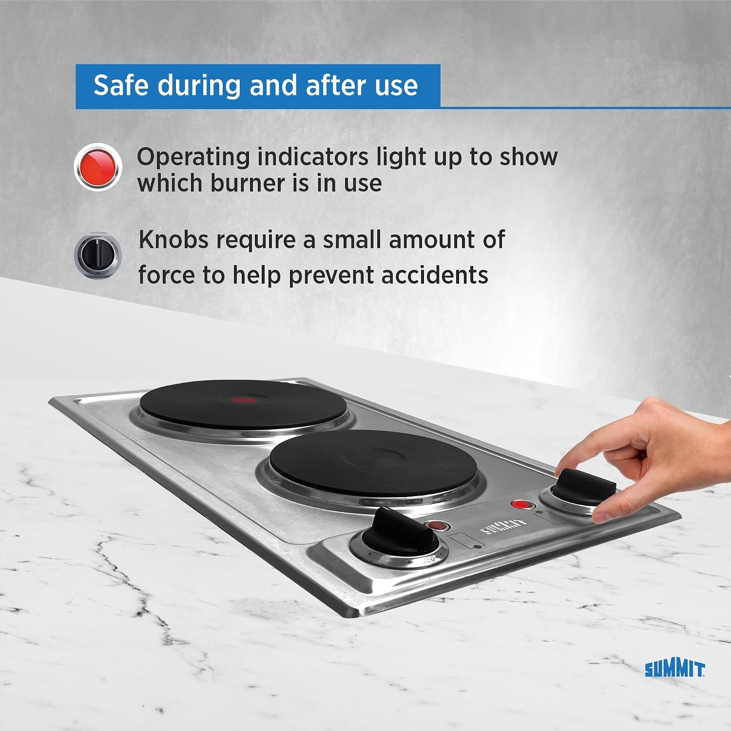 Summit 12' 2 Burner Electric Cooktop 230 Volt Solid Disk Cooktop, ADA compliant, Stainless Steel, Cast Iron- CSD2B230