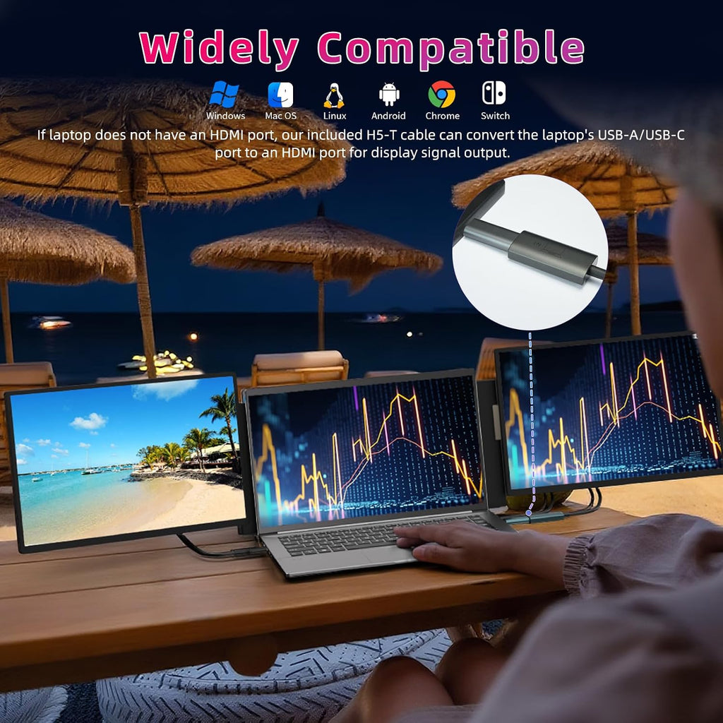 Triple Laptop Screen Extender, 16' Triple Screen Laptop Monitor Extender, FHD 1200P IPS Triple Monitor, 235° Rotation Plug&Play for Multi-Screen Work/Travel/Conference/Study