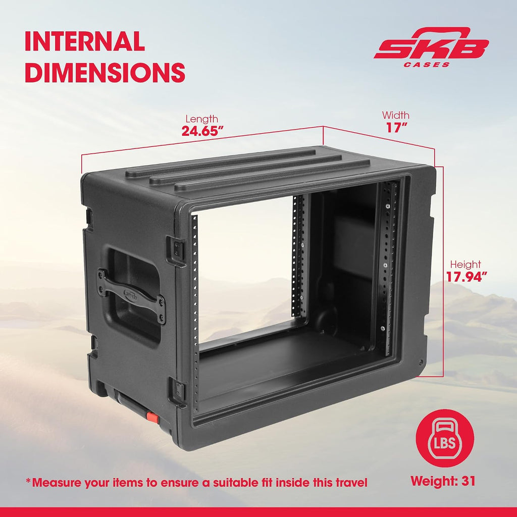 SKB 8U rSeries Shallow Rolling Rack with Integrated Back Wheels and 1-Touch Pull Handle, Comes with 8 Rack Units and Interlocking Molded Stacking Bars