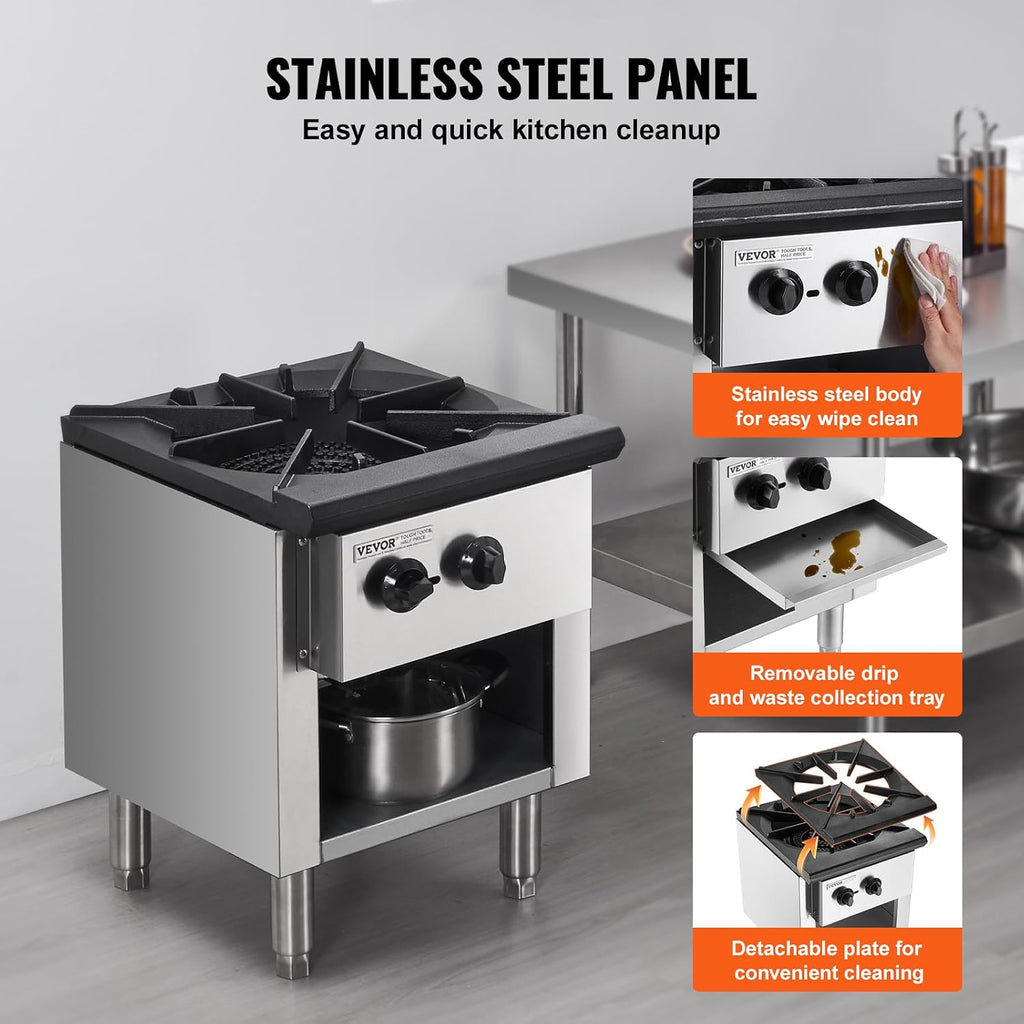 VEVOR Commercial Gas Stove with Cabinet, Propane and Natural Gas Countertop Cooking Stove Range, Stainless Steel Gas Hot Plate, Commercial Cooking Equipment for Restaurant, 90,000 BTU