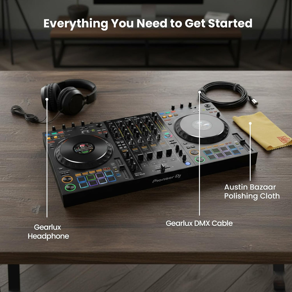Pioneer DJ DDJ-FLX10 4-Channel Professional DJ Controller - Black Bundle with Gearlux Headphones, DMX Cable, and Austin Bazaar Polishing Cloth