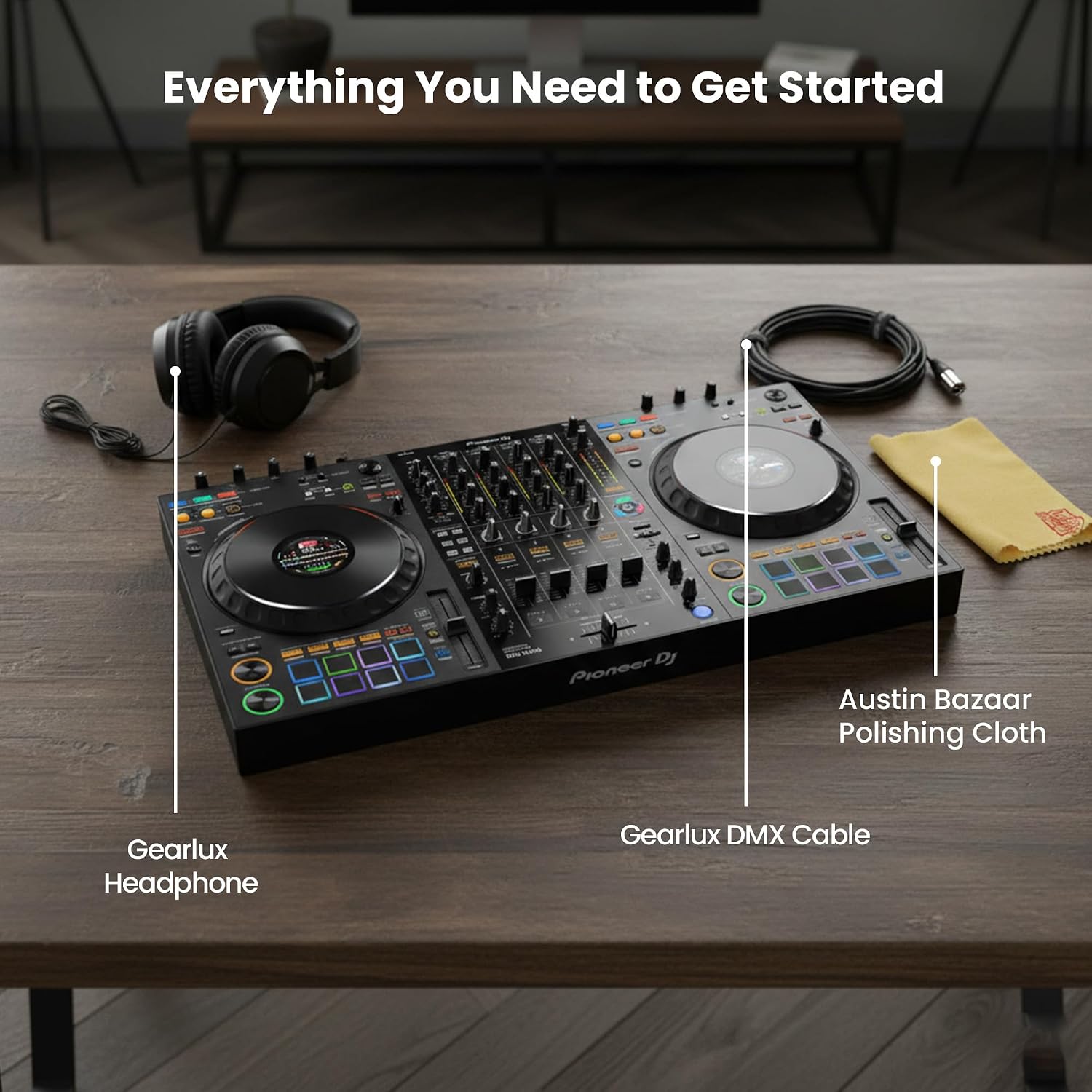 Pioneer DJ DDJ-FLX10 4-Channel Professional DJ Controller - Black Bundle with Gearlux Headphones, DMX Cable, and Austin Bazaar Polishing Cloth