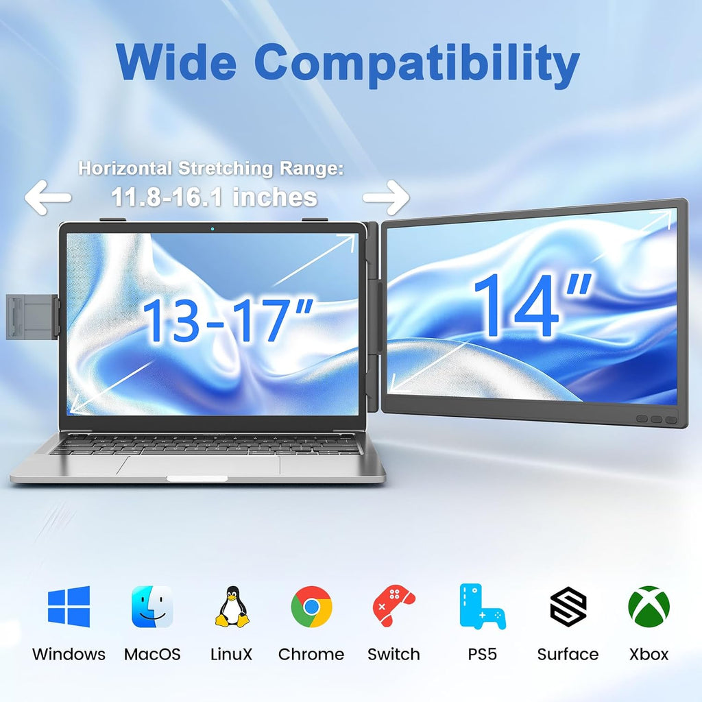 KEFEYA Laptop Screen Extender, 14' FHD 1080P IPS Dual Laptop Monitor Extender, Portable Monitor Plug & Play USB-C/HDMI/USB-A for 13'-17' Laptops, Work with Windows/MacBook/Switch/PS5