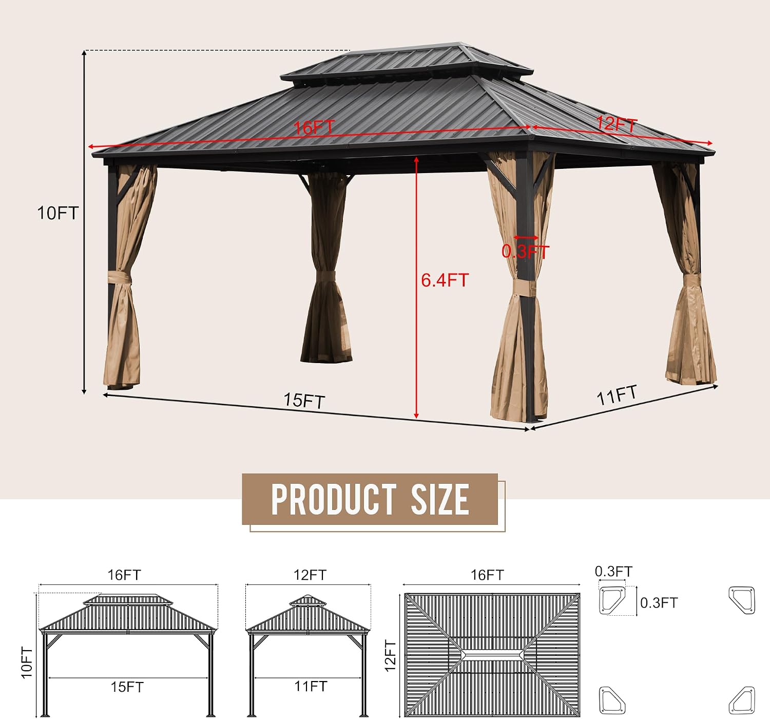 12'x16' Hardtop Gazebo, Outdoor Aluminum Frame Galvanized Steel Double Roof Pavilion with Netting and Shaded Curtains, Permanent Metal Pergolas for Patio, Backyard, Deck and Lawns.