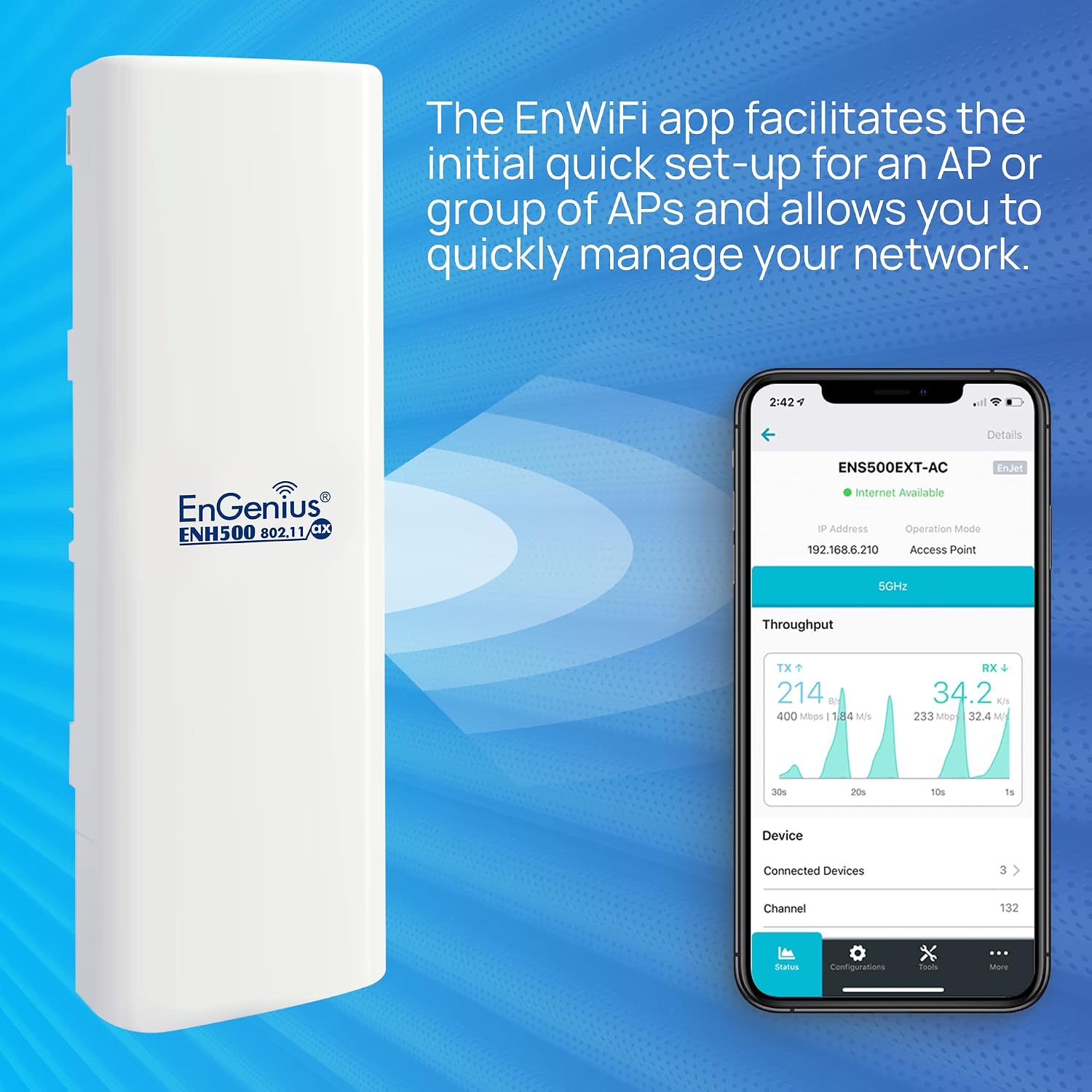 EnGenius ENH500-AX 5GHz Wi-Fi 6 (802.11ax) 2x2 Outdoor Wireless Bridge, up to 1,200 Mbps, high 26 dBm Transmit Power, IP55-rated Weatherproof & dustproof housing