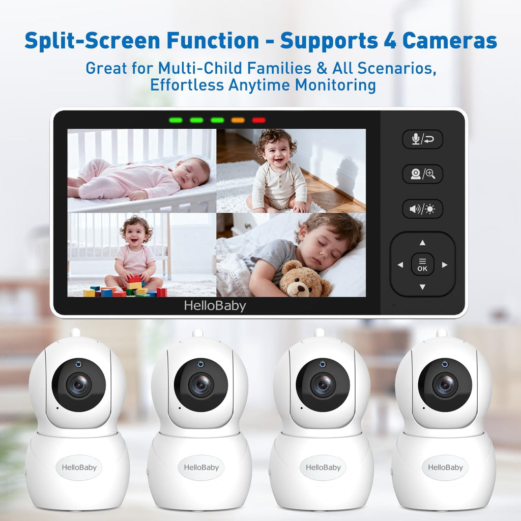 HelloBaby Baby Monitor with 2 Cameras, 5.5' 720P HD No WiFi Audio Display Split Screen, Dual 1080P Cameras, Pan-Tilt-Zoom, 2-Way Talk, Night Vision, 4000mAh Battery, Clock & Timer, Wide View