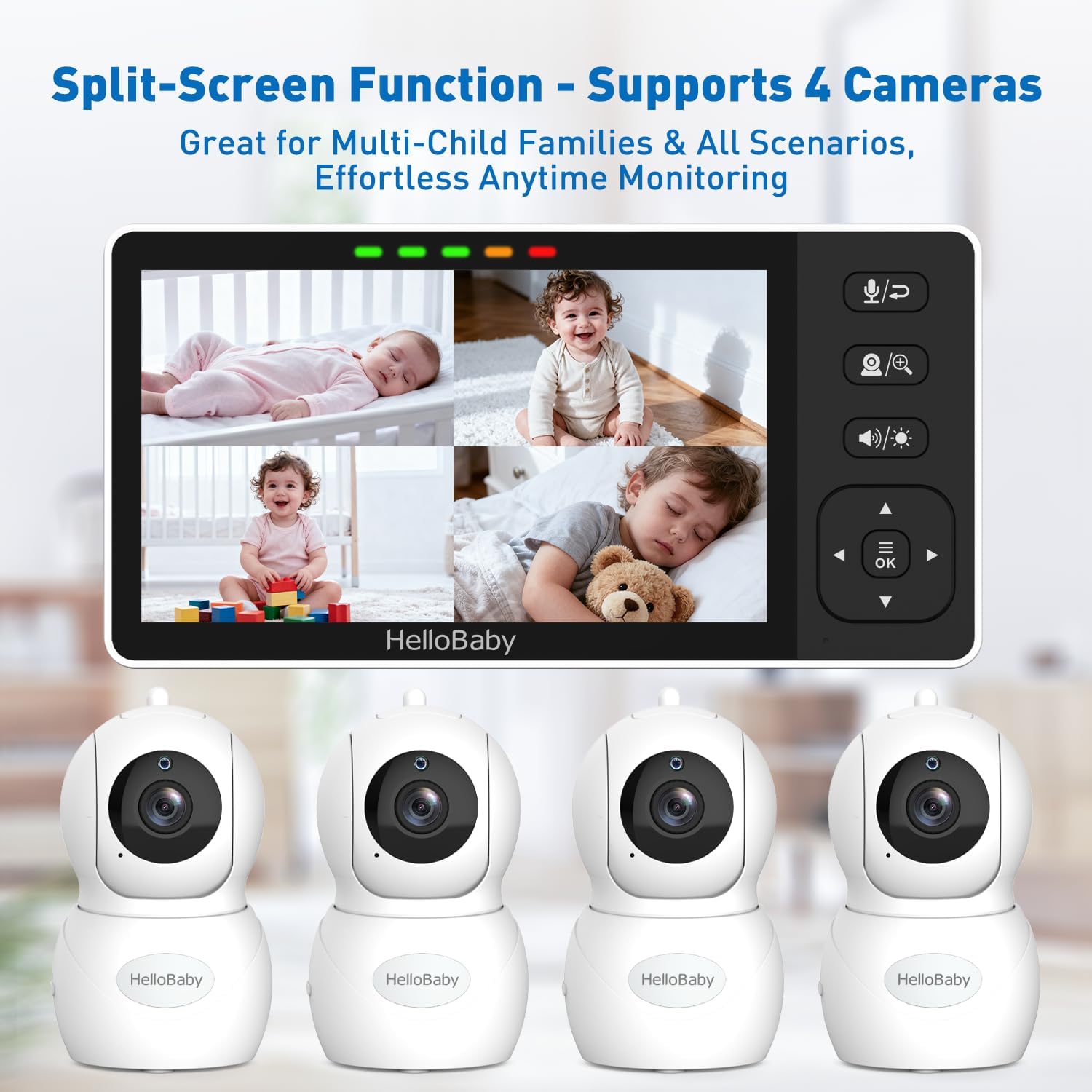 HelloBaby Baby Monitor with 2 Cameras, 5.5' 720P HD No WiFi Audio Display Split Screen, Dual 1080P Cameras, Pan-Tilt-Zoom, 2-Way Talk, Night Vision, 4000mAh Battery, Clock & Timer, Wide View