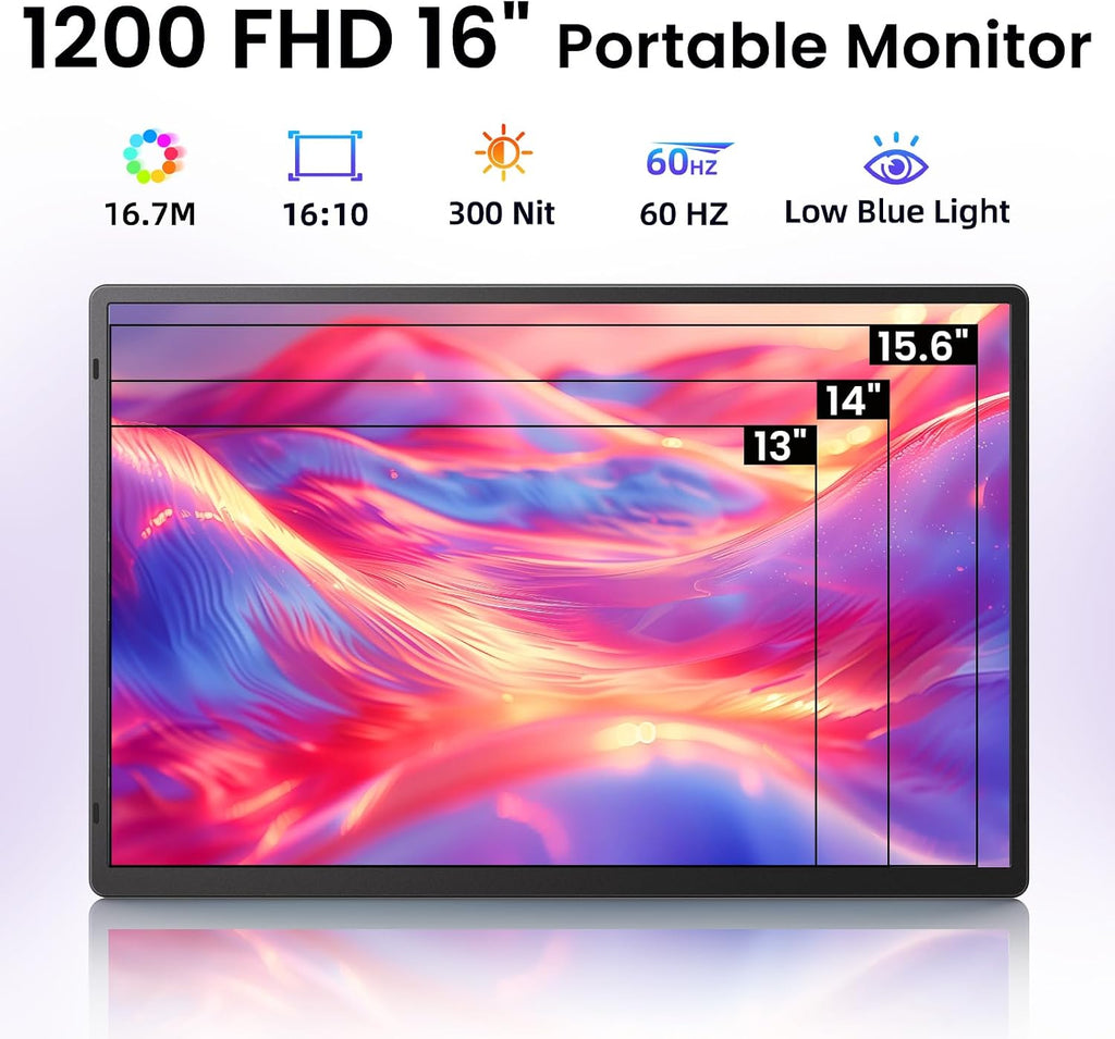 Laptop Screen Extender Portable Monitor - Dual 16' 1200P FHD Travel Monitor Fit for 13-17' Laptops Plug & Play 360° Rotating Detachable Stand Height Adjustable for Travel/Work/Study