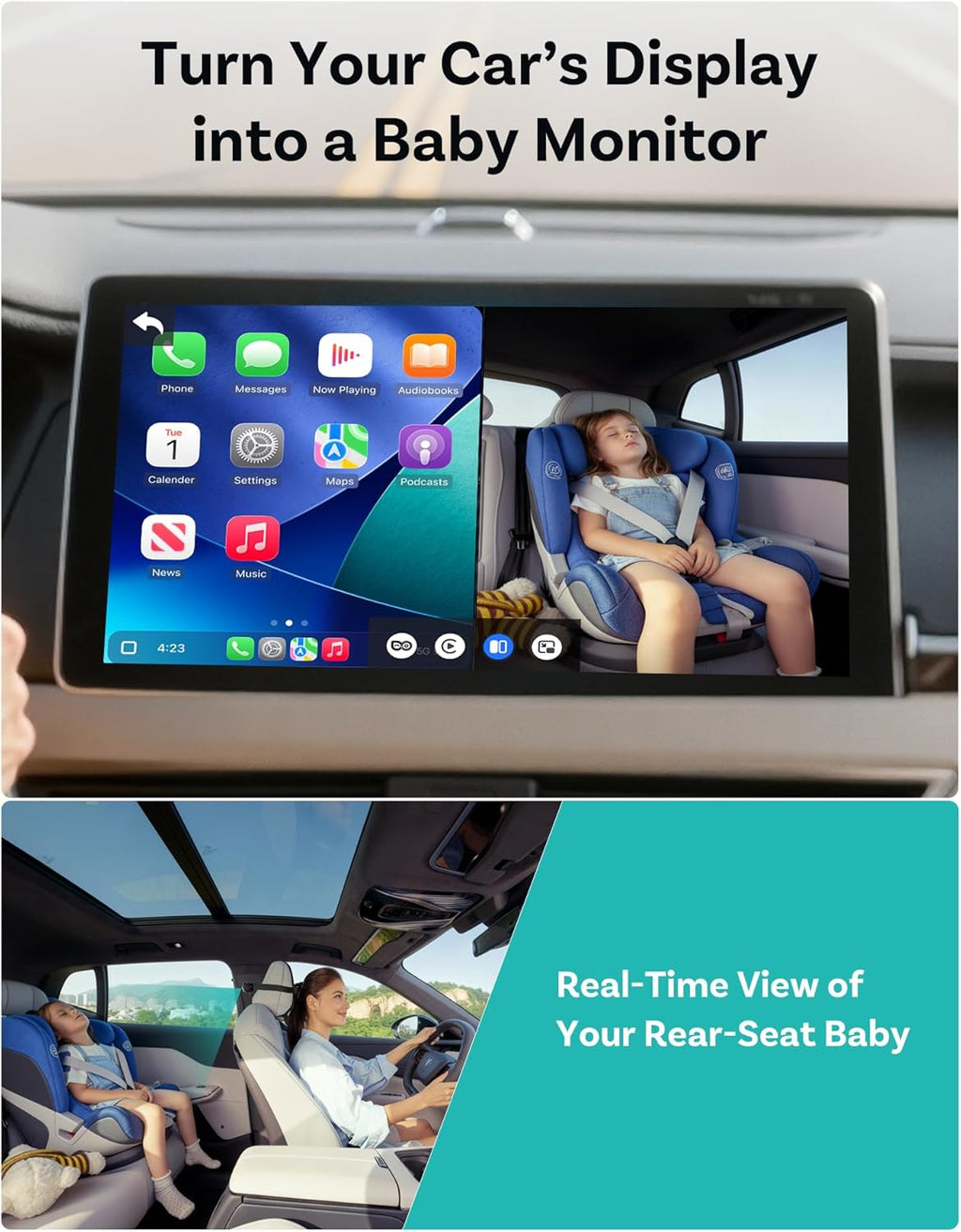 OTTOCAST Cabin Care Adapter 2026,2-in-1 Baby Car Camera & Wireless CarPlay Adapter-No Extra Screen Needed,1080P Car Baby Monitor for No-Glow Night Vision,150°Wide Angle,Plug&Play(No Android Support)