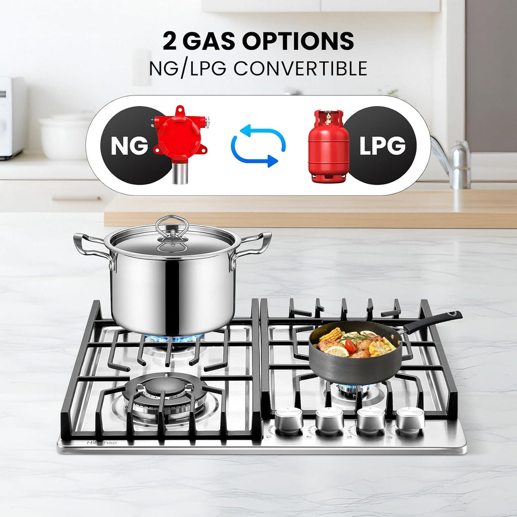 24 inch Gas Cooktop, Bulit-in 4 Burners Gas Stove Stainless Steel Stove Top with Thermocouple Protection, LPG/NG Convertible Propane Cooktops