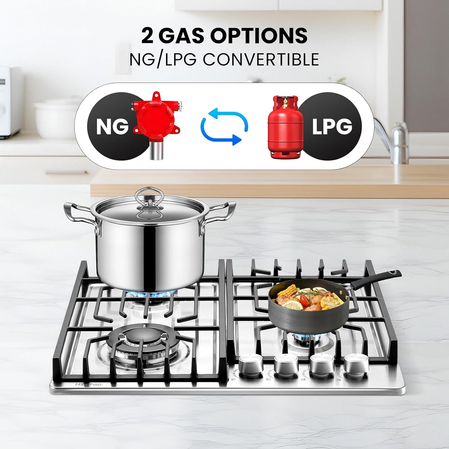 24 inch Gas Cooktop, Bulit-in 4 Burners Gas Stove Stainless Steel Stove Top with Thermocouple Protection, LPG/NG Convertible Propane Cooktops