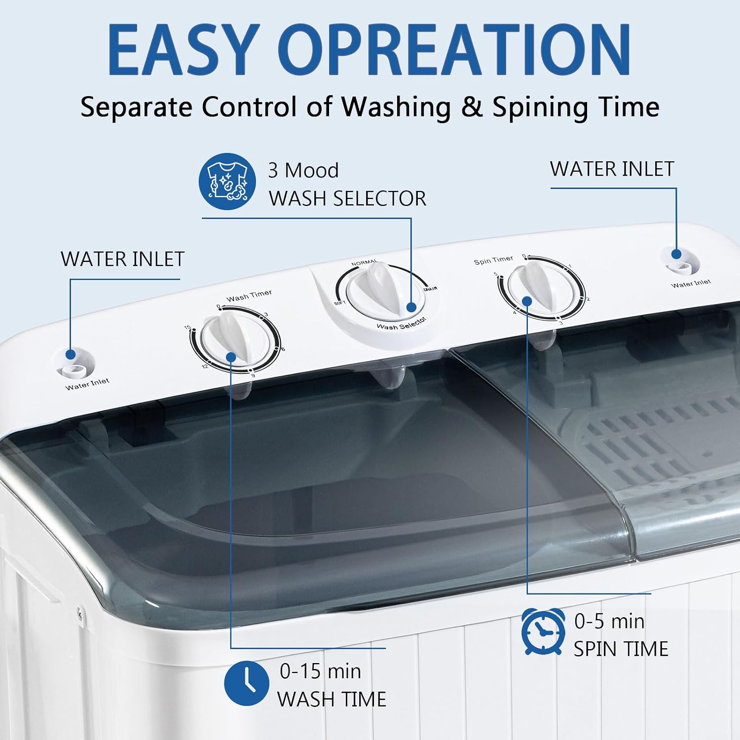 DOGHLY Portable Washer and Dryer Combo Set, 1.6 Cu.Ft Portable Clothes Dryers,22 lbs Twin Tub Washing Machine, Compact Washer and Dryer for Apartment, RV, Dorm