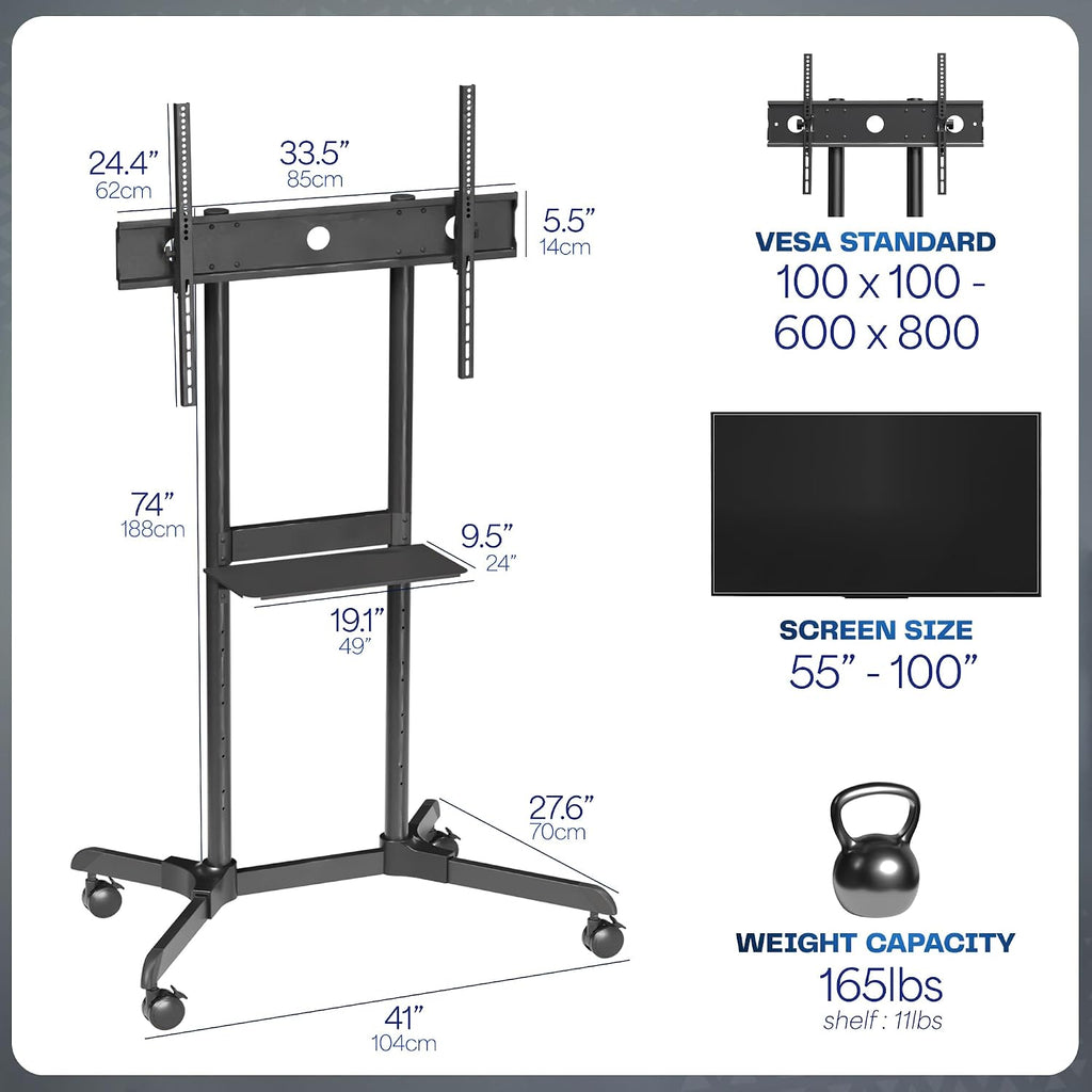 VIVO Mobile TV Cart for 55 to 100 inch Screens up to 165 lbs, LCD LED OLED 4K Smart Flat and Curved Panels, Rolling Stand with Laptop DVD Shelf, Locking Wheels, Max VESA 800x600, Black, STAND-TV100E