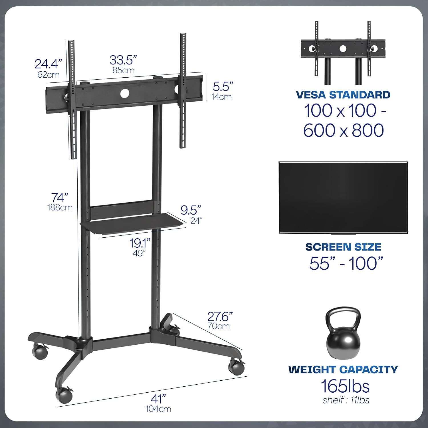 VIVO Mobile TV Cart for 55 to 100 inch Screens up to 165 lbs, LCD LED OLED 4K Smart Flat and Curved Panels, Rolling Stand with Laptop DVD Shelf, Locking Wheels, Max VESA 800x600, Black, STAND-TV100E