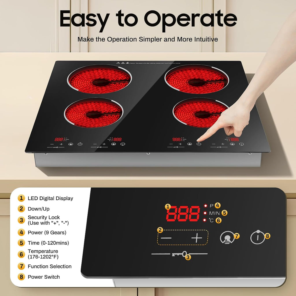 4 Burners Electric Stove 3000W 110V Ceramic Cooktop, Built-in Electric Stove Top 24 Inch Cooktop Sensor Touch Control Ceramic Stove & Drop-in CookTop (No Plug)