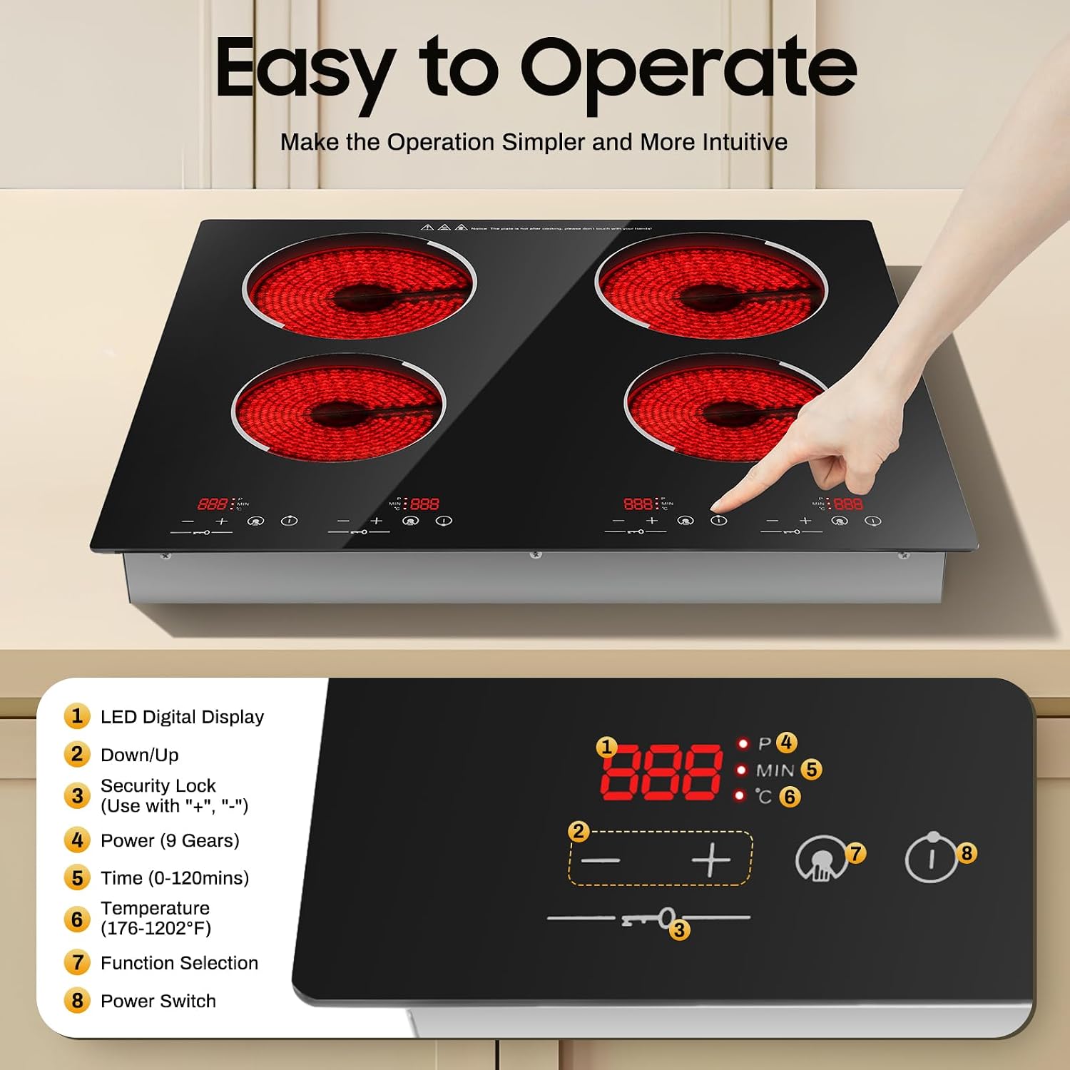 Electric Ceramic Cooktop, 4 Burners Radiant Electricing Stove Top with Plug, Child Safety Lock, Sensor Touch Control, 9 Heating Levels Cooker for Kitchen (4 Burners Electric Ceramic Cooktop)