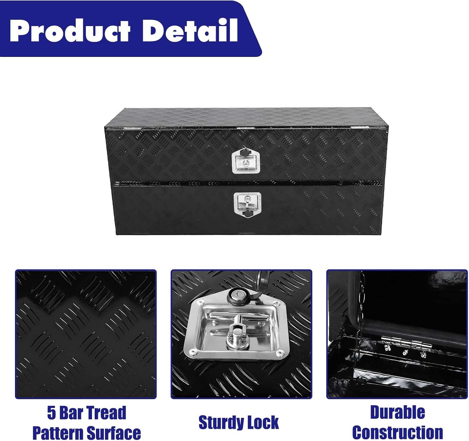 Aluminum Truck Tool Box w/Two Door,5 Bar Tread Truck Storage box w/Lock For Organization,Multifunction Black 48'x21'x15' Truck Toolboxes, For Truck,Trailer,RVs,Toolroom,Garage.