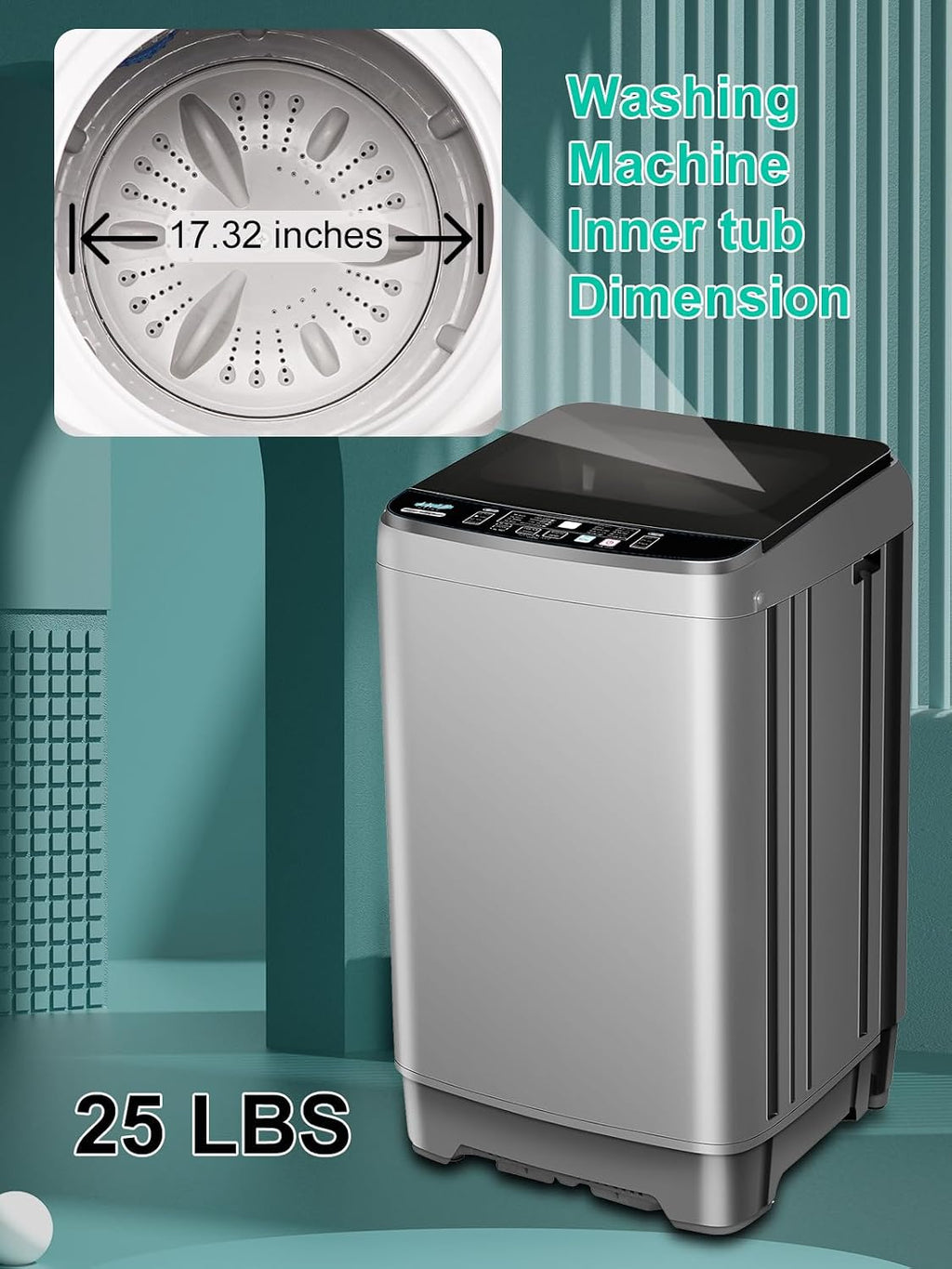 KRIB BLING 25 lbs Full Automatic Washing Machine with LED Display, Portable Washer Drain Pump, Come with a Glass Cover, 8 Programs & 8 Water Levels Selections, Ideal for Camping, Apartment, Dorm, Grey