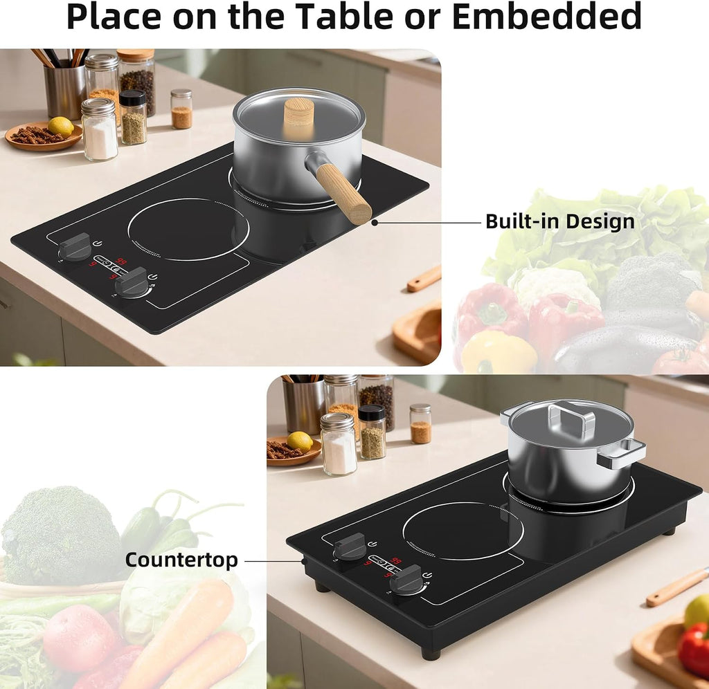 VBGK Induction Cooktop,110V 2300W 2 burner hot plate with Knob Control,9 Power Levels, Kids Lock & Timer,LED touch control,Overheat Protection Electric stove,2 burner induction cooktop