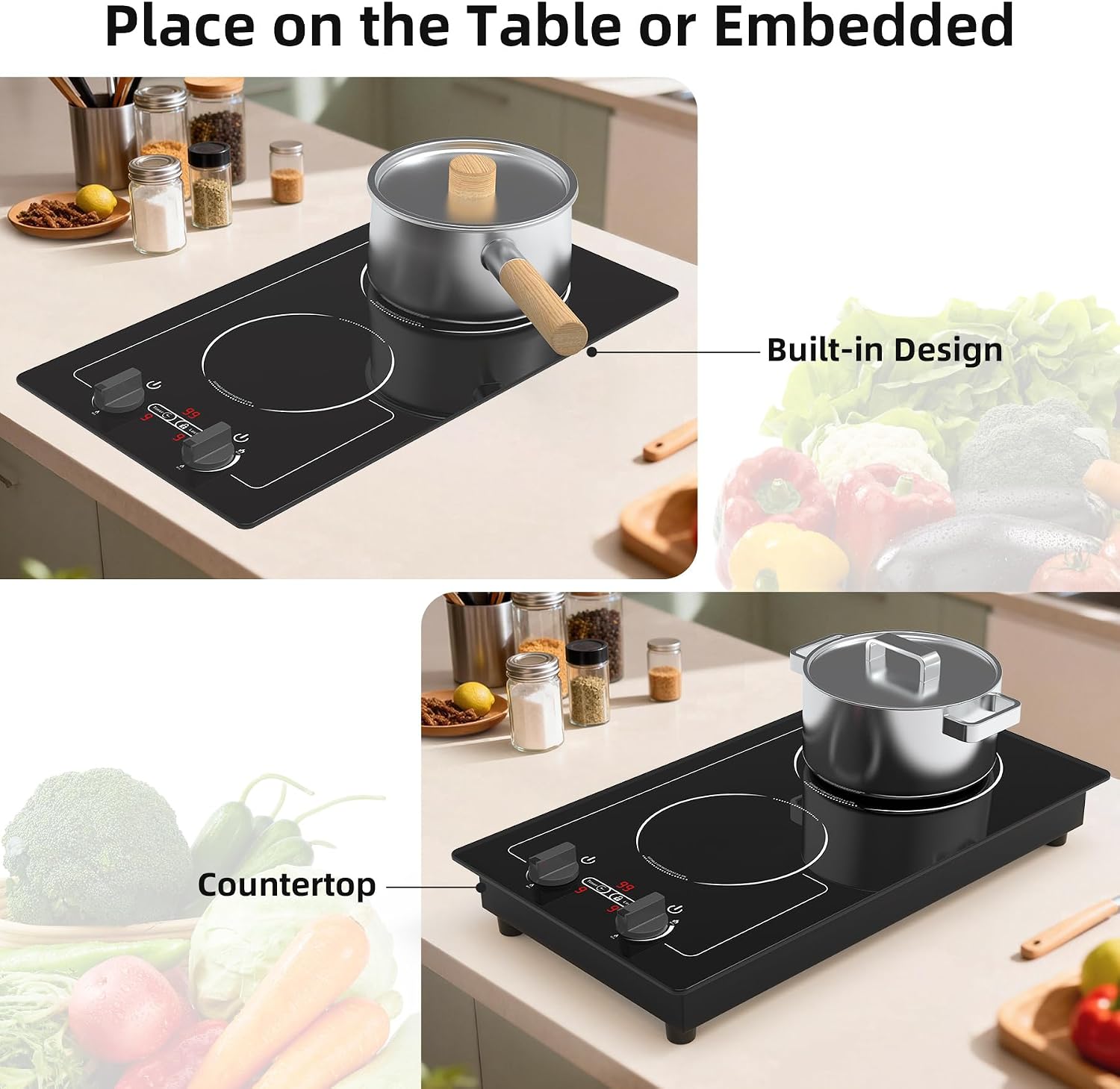 VBGK Induction Cooktop,110V 2300W 2 burner hot plate with Knob Control,9 Power Levels, Kids Lock & Timer,LED touch control,Overheat Protection Electric stove,2 burner induction cooktop