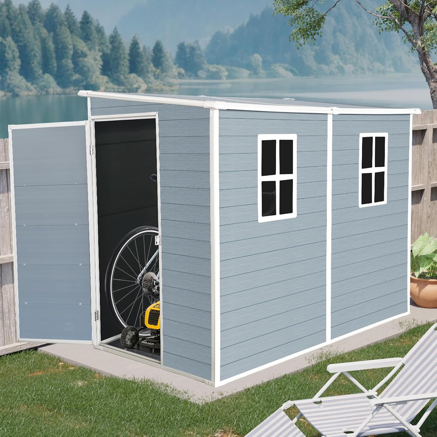 4' x 8' Outdoor Storage Shed, Resin Garden Shed with Windows, Lockable Door and Vents, Plastic Tool Storage for Patio Furniture, Lawnmower and Bike Storage, All Weather Use (4' x 8')