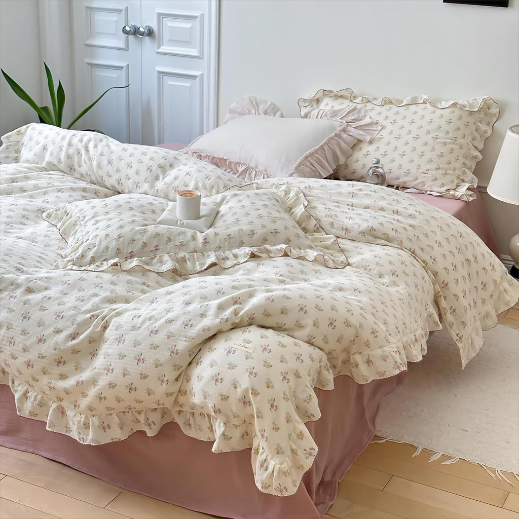BuLuTu Azalea Floral Print Duvet Cover King Size, Chic Shabby Bedding Set 3 Pieces, Cotton Muslin Comforter Cover with Ruffles, Soft Lightweight Quilt Cover King, All Seasons