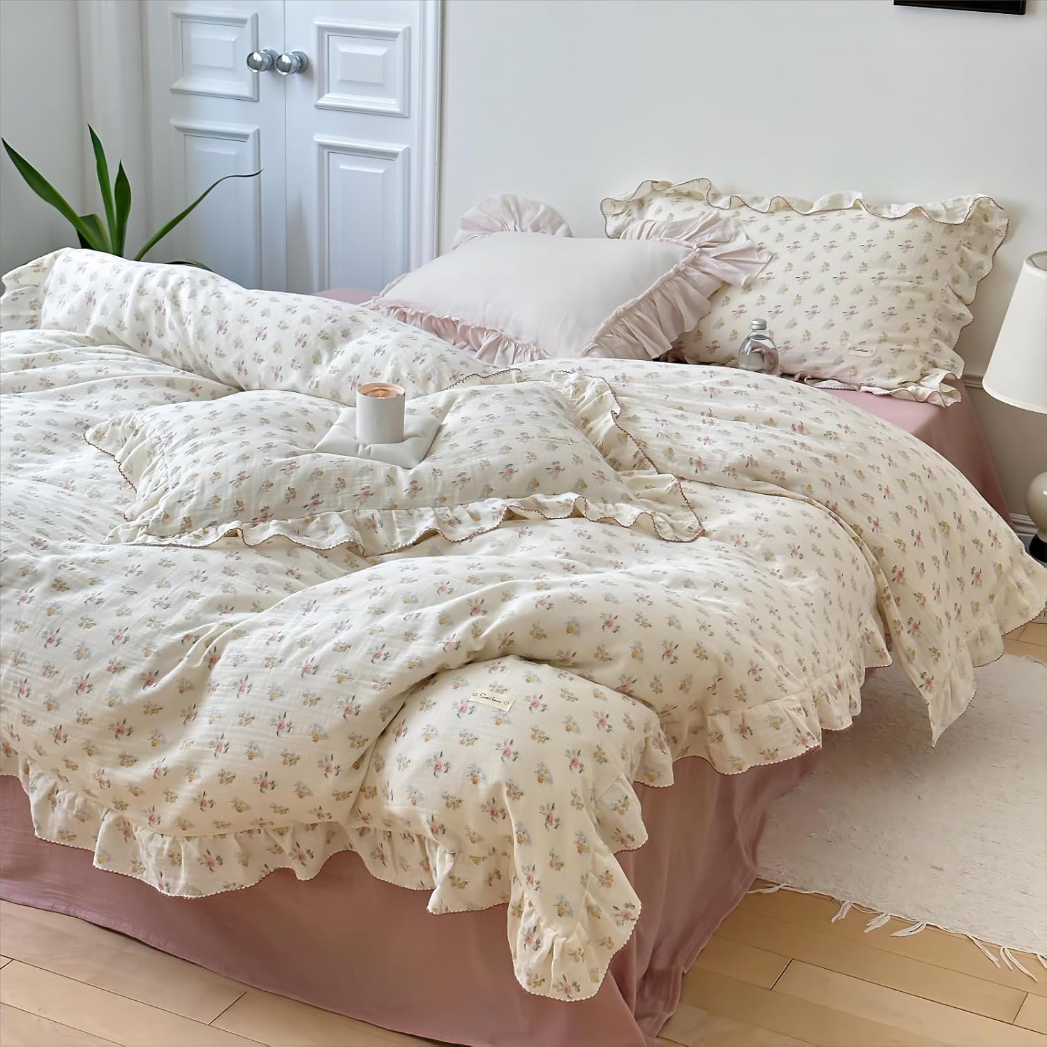 BuLuTu Azalea Floral Print Duvet Cover King Size, Chic Shabby Bedding Set 3 Pieces, Cotton Muslin Comforter Cover with Ruffles, Soft Lightweight Quilt Cover King, All Seasons