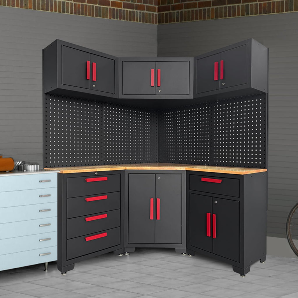 Corner Workshop Set - 10-Pcs Garage Cabinets and Storage System with Corner Cabinet, Cabinet Drawers, Workbench, Pegboard for Tool Organization Workshop, Red and Black